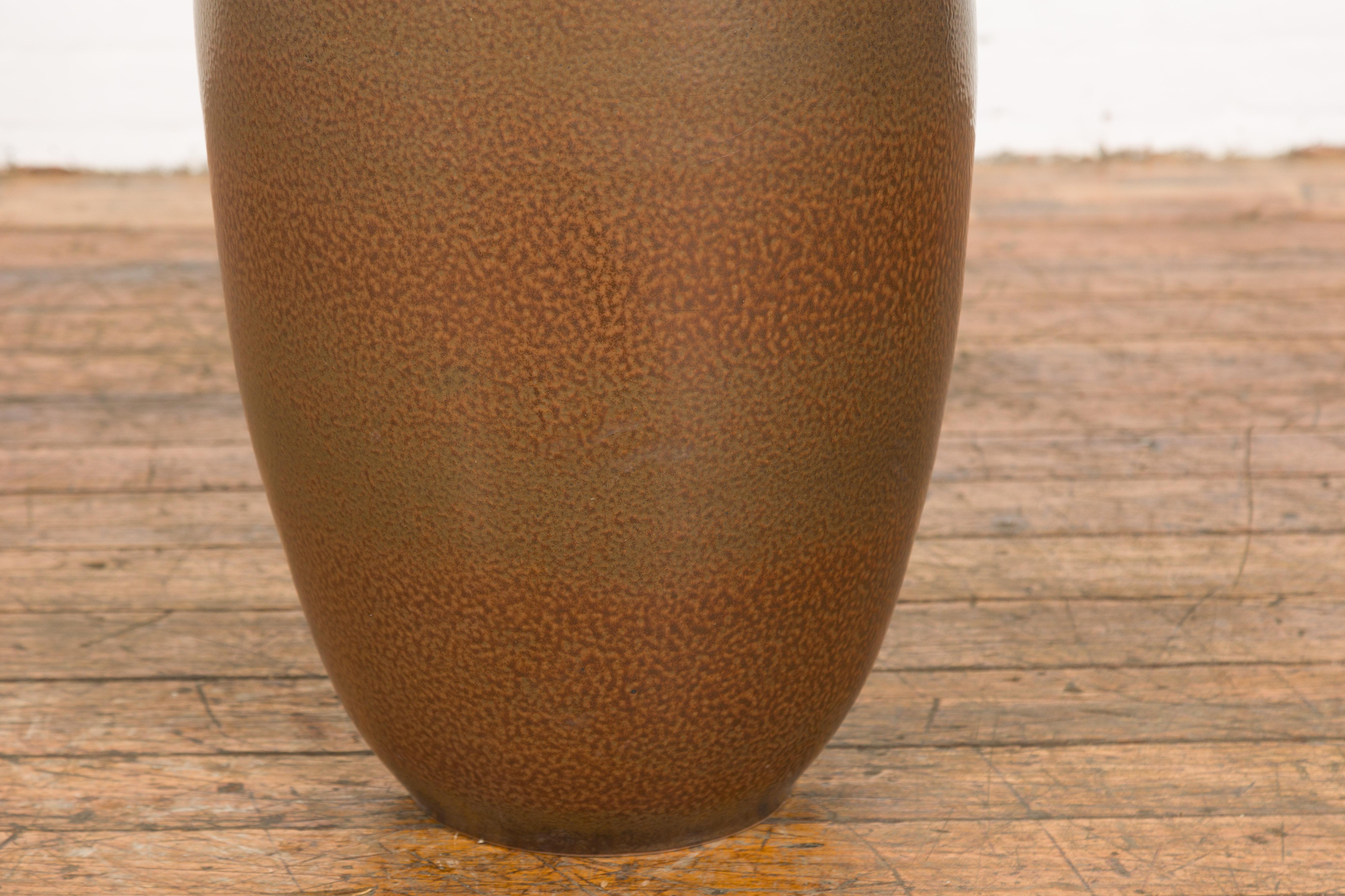 Large Brown Glazed Ceramic Vase with Mottled Finish For Sale 3