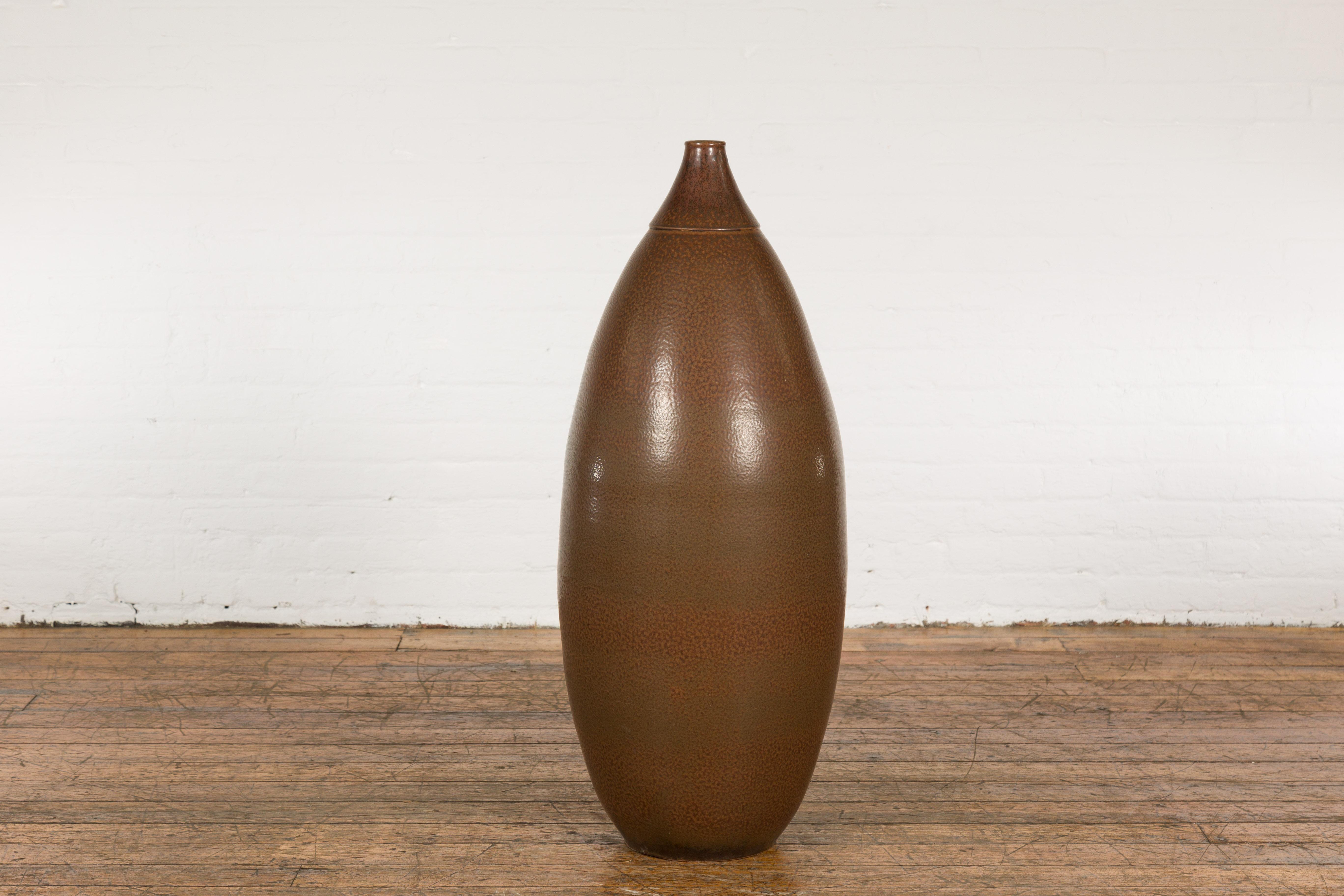 Large Brown Glazed Ceramic Vase with Mottled Finish For Sale 4
