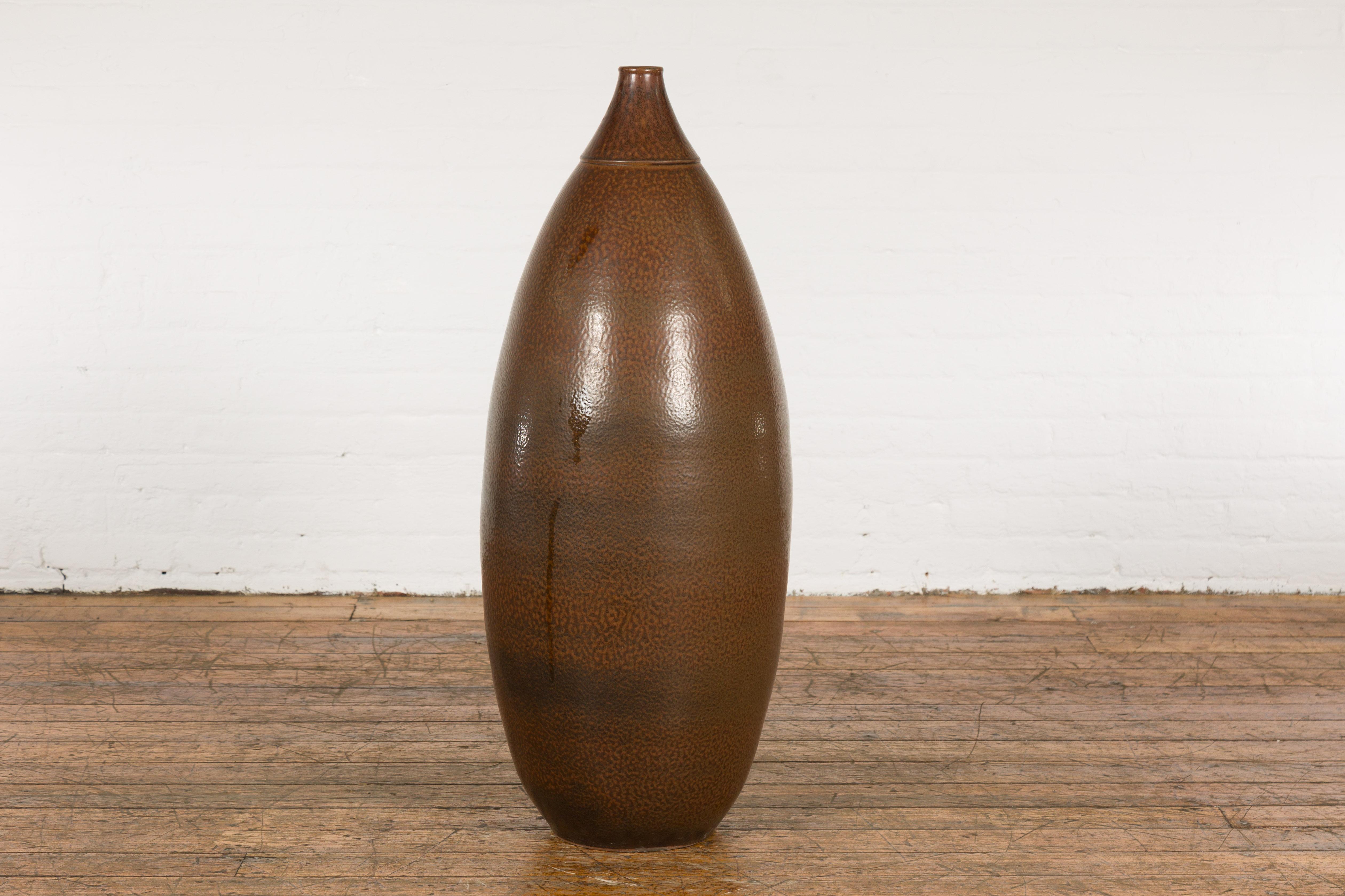 Large Brown Glazed Ceramic Vase with Mottled Finish For Sale 5