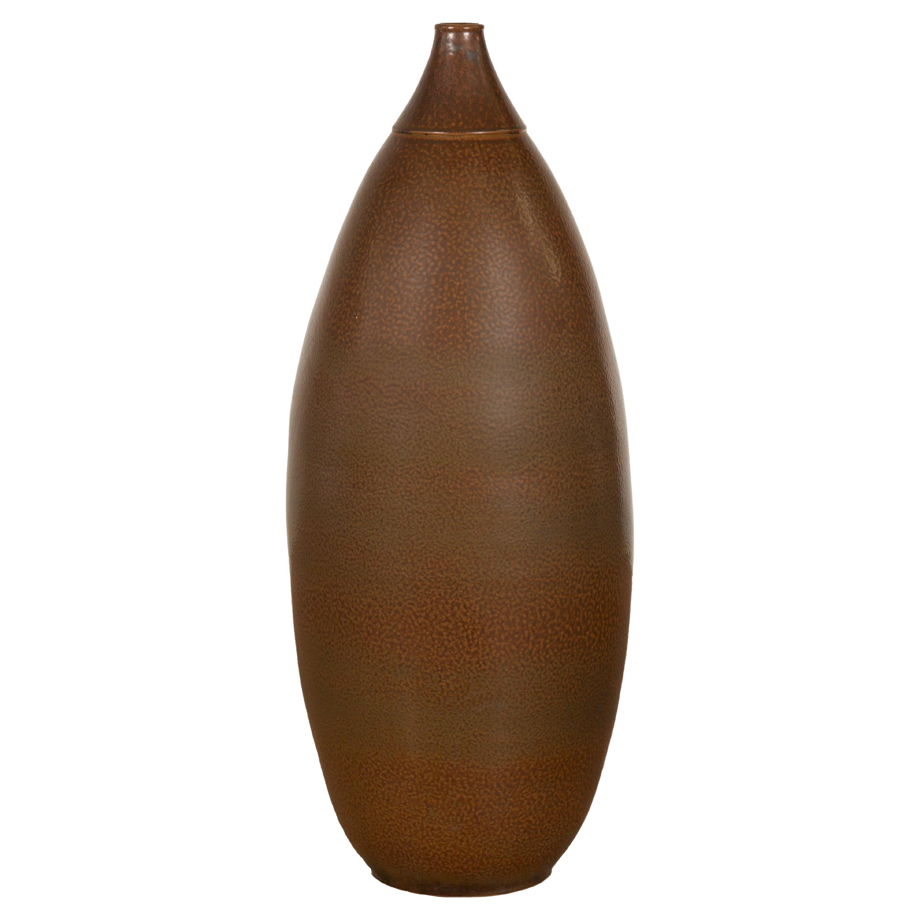 Large Brown Glazed Ceramic Vase with Mottled Finish For Sale