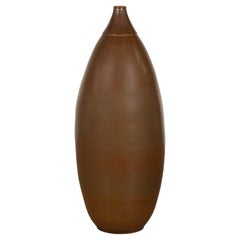 Large Brown Glazed Ceramic Vase with Mottled Finish