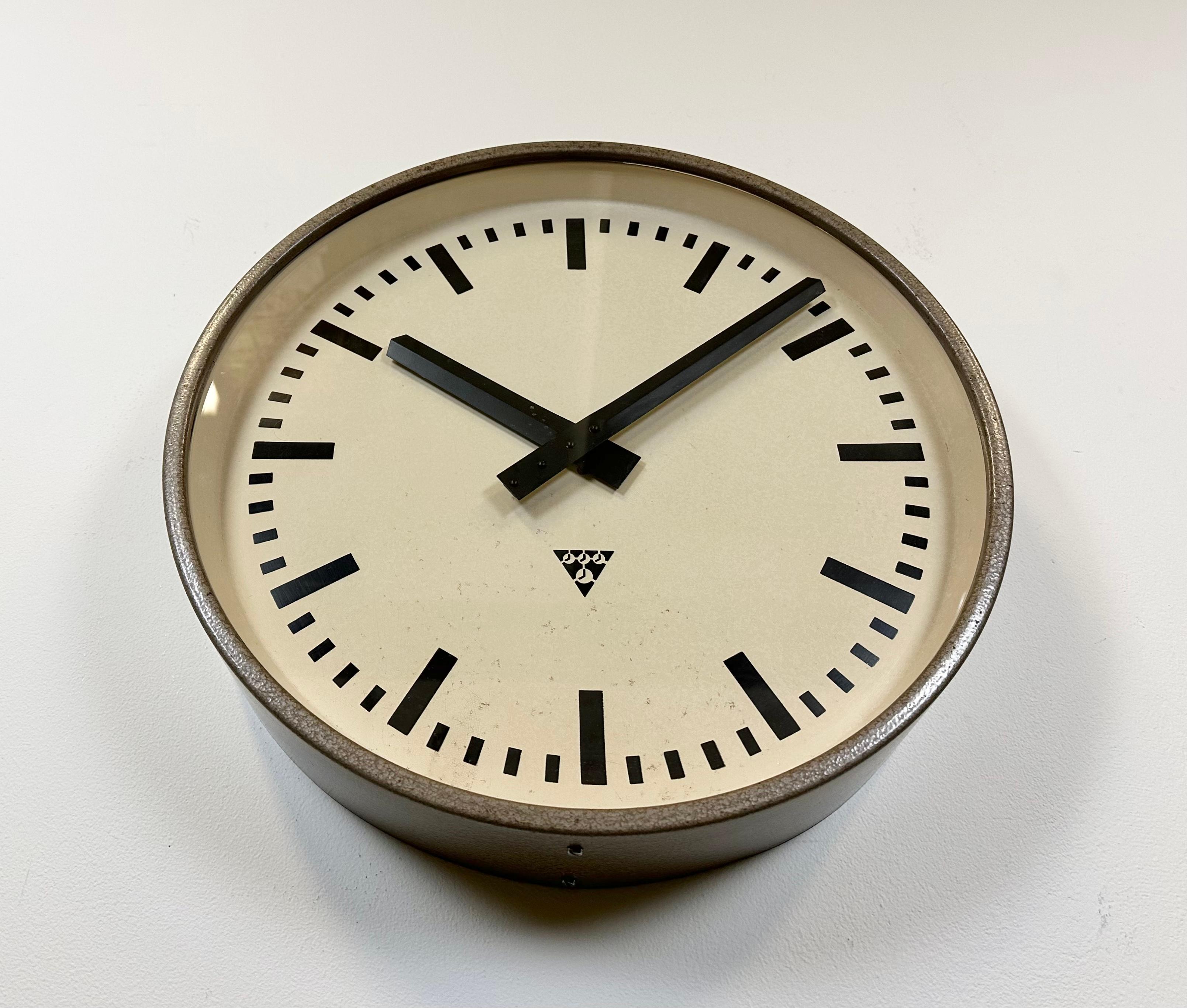 Czech Large Brown Industrial Factory Wall Clock from Pragotron, 1960s