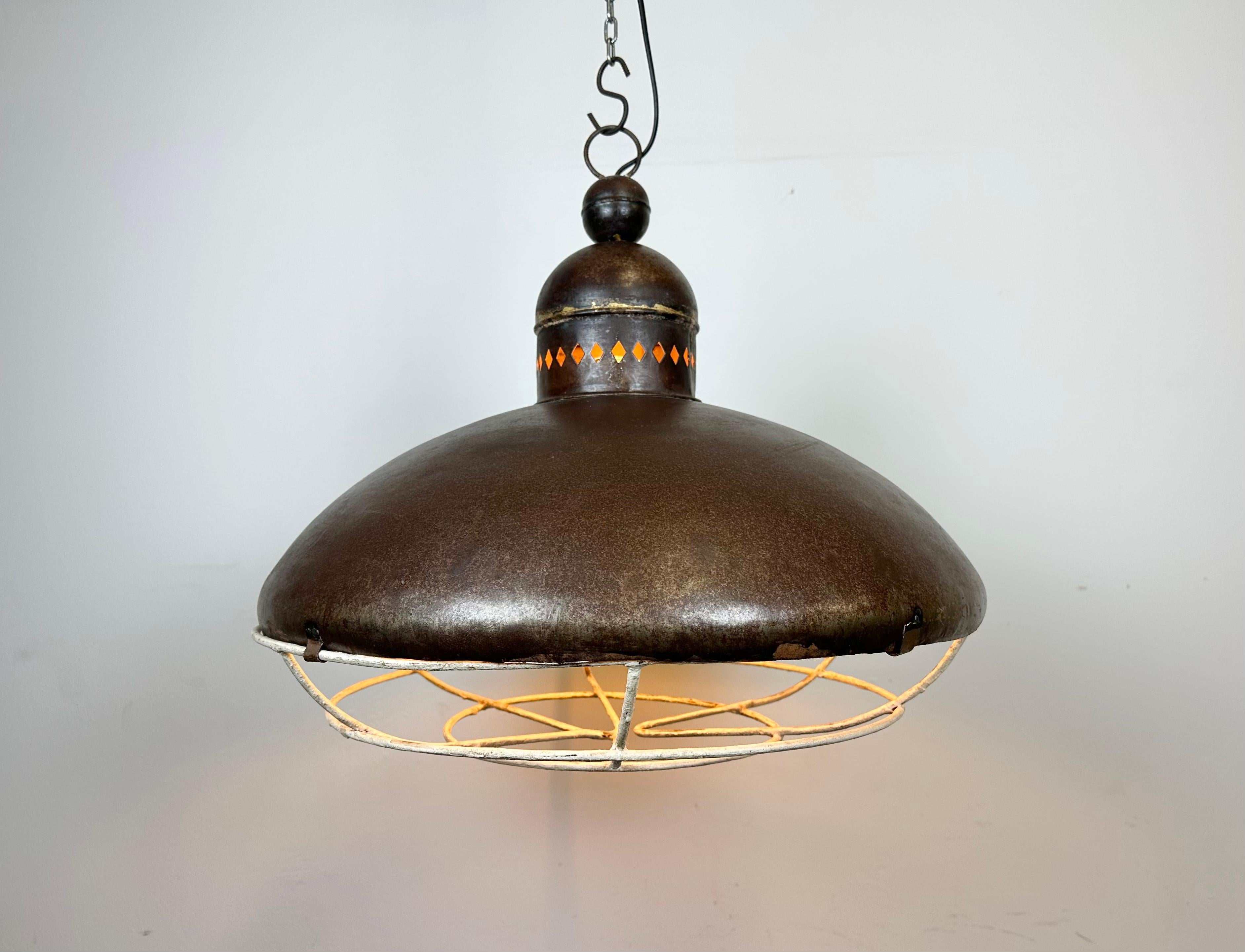 Large Brown Industrial Lamp with Iron Grid, 1960s For Sale 3