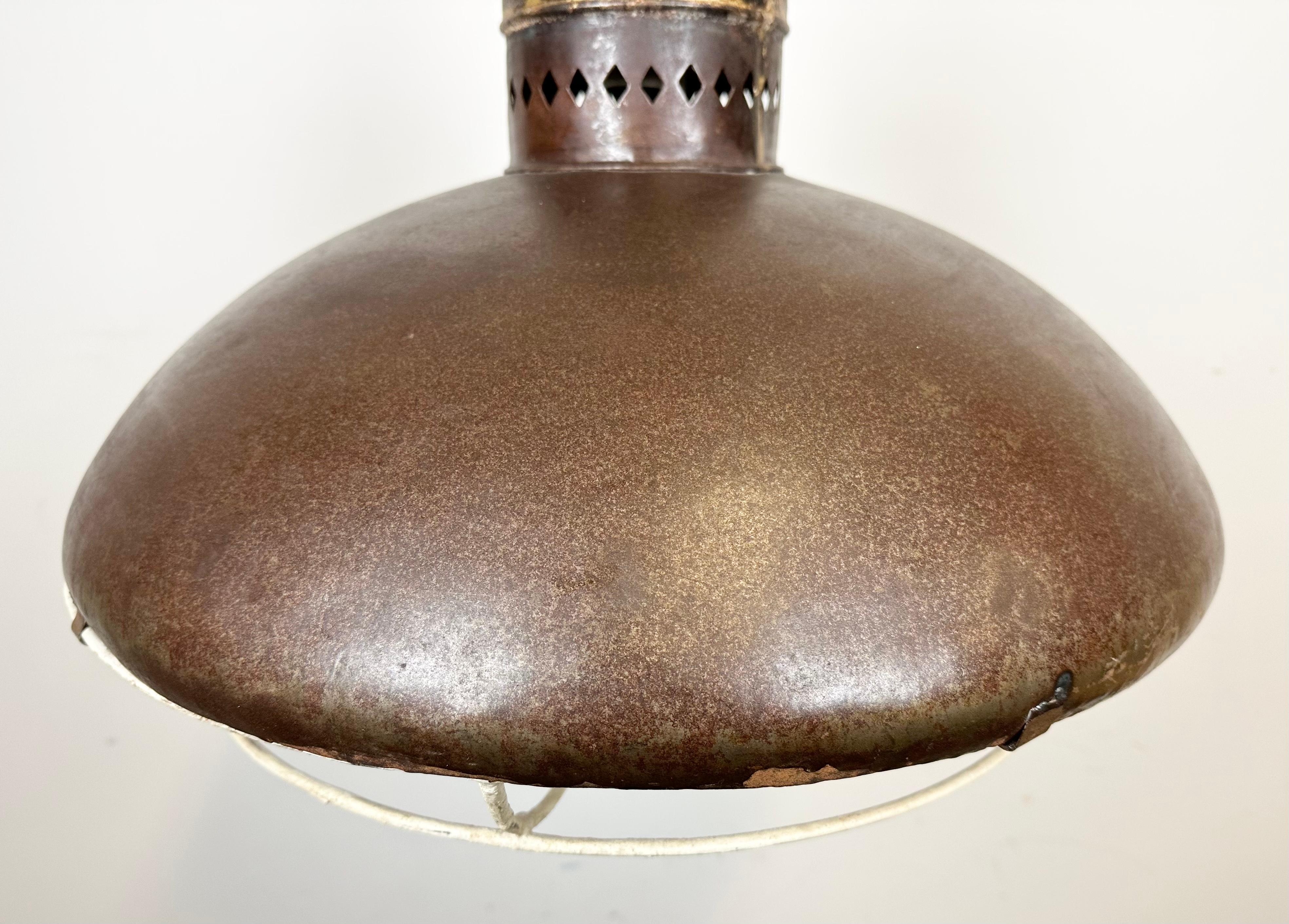 Large Brown Industrial Lamp with Iron Grid, 1960s In Good Condition For Sale In Kojetice, CZ
