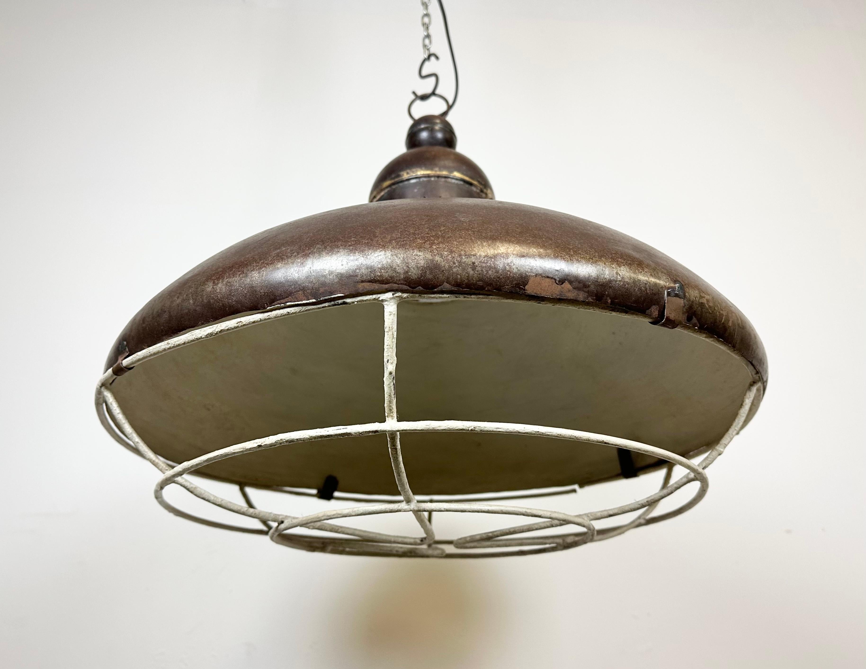 Large Brown Industrial Lamp with Iron Grid, 1960s For Sale 2