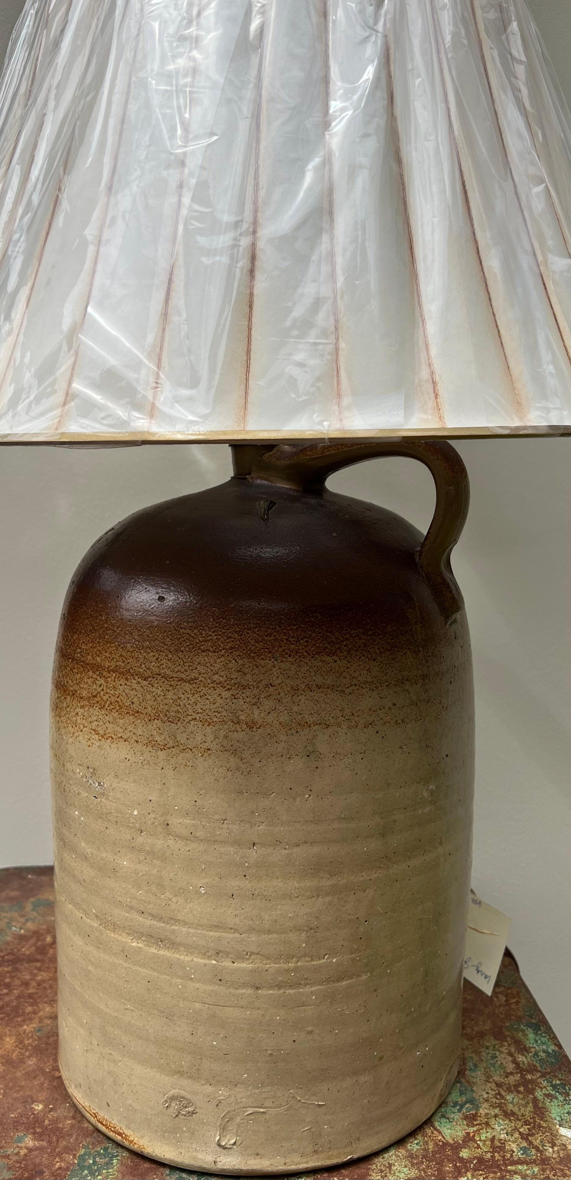 Hand-Crafted Large Brown Jug Lamp with Shade For Sale
