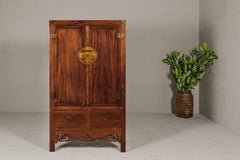Large Brown Lacquer Elmwood Cabinet with Carved Skirt and Brass Hardware