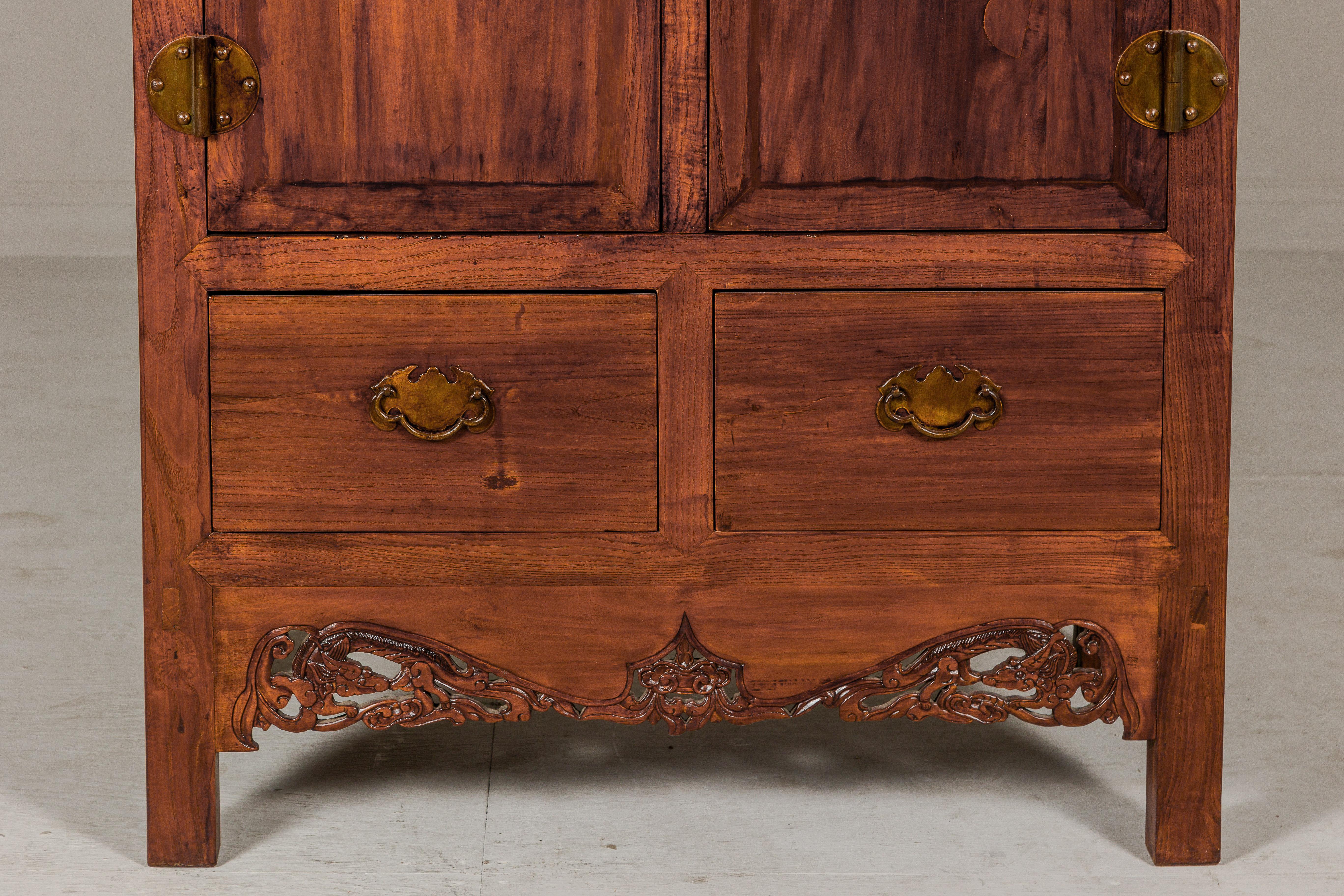 Lacquered Large Brown Lacquer Elmwood Cabinet with Carved Skirt and Brass Hardware For Sale