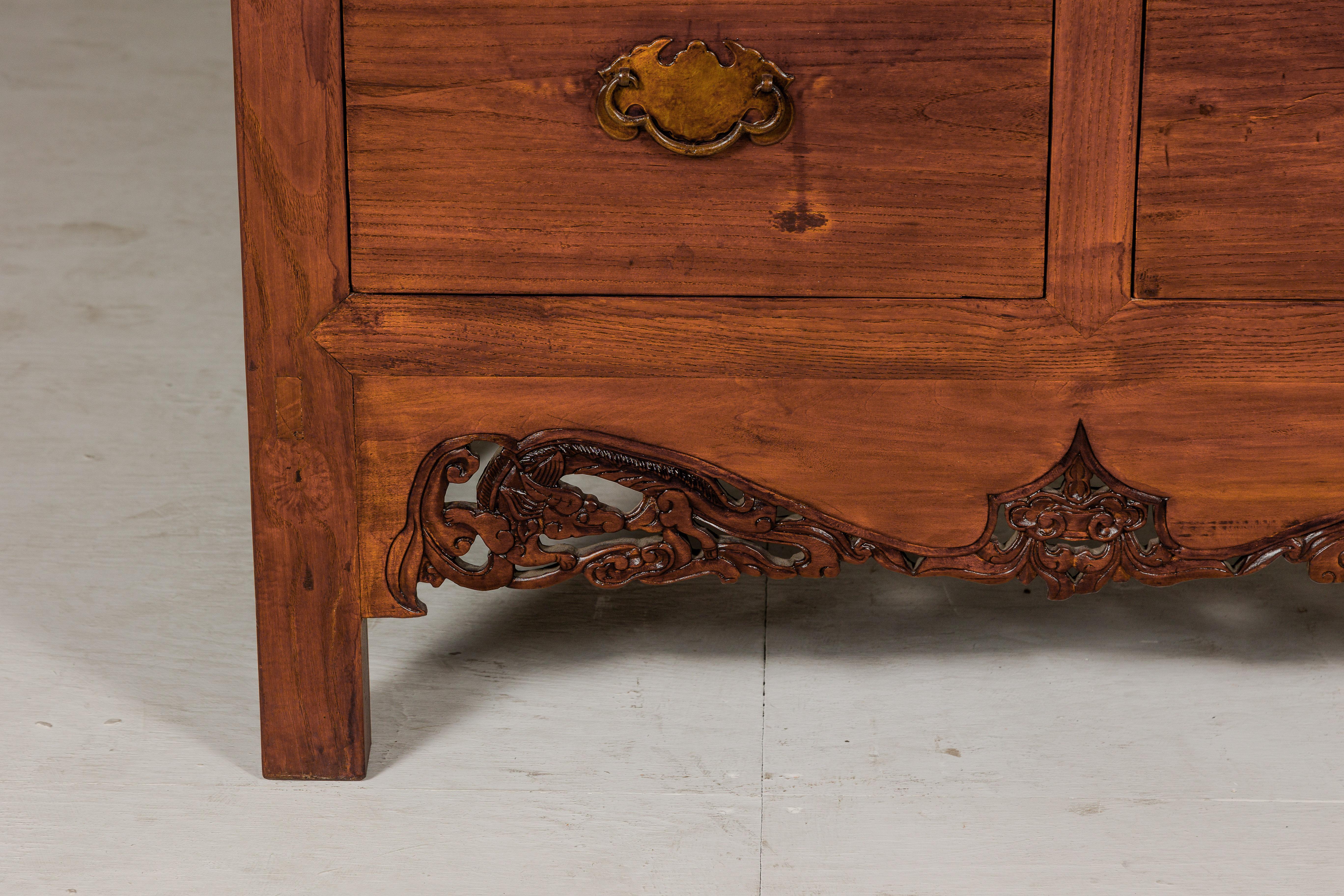 19th Century Large Brown Lacquer Elmwood Cabinet with Carved Skirt and Brass Hardware For Sale