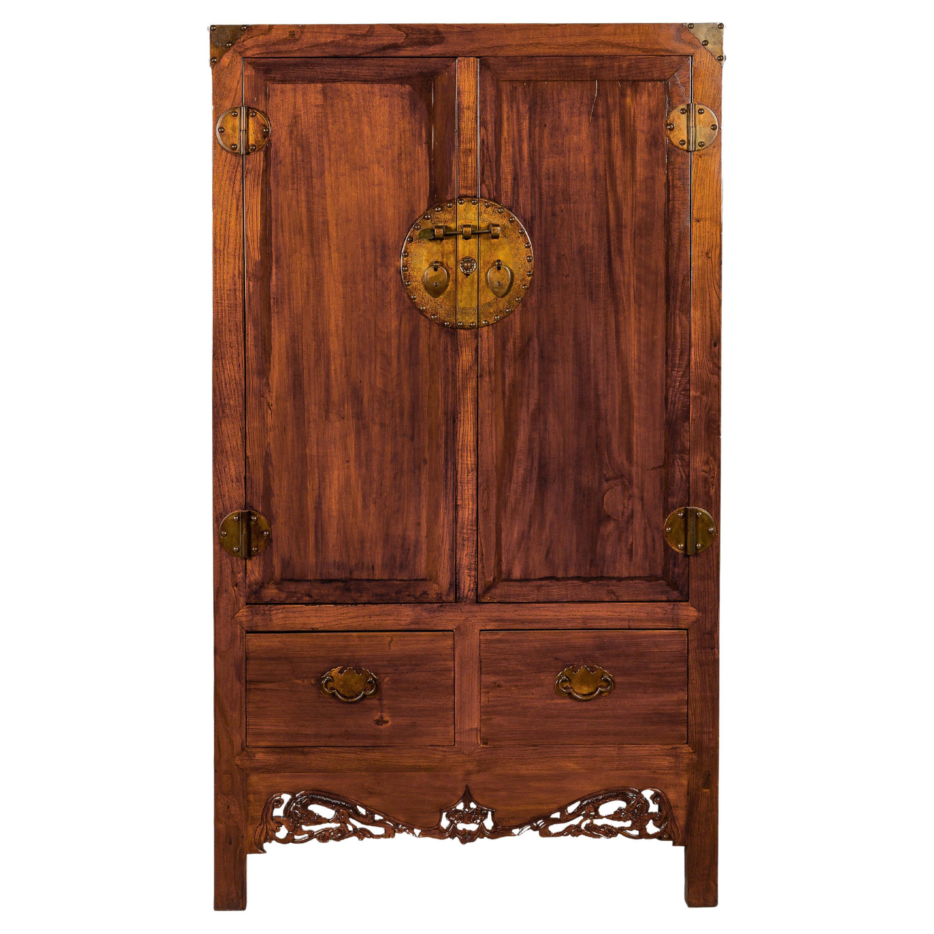 Large Brown Lacquer Elmwood Cabinet with Carved Skirt and Brass Hardware For Sale