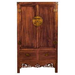 Used Large Brown Lacquer Elmwood Cabinet with Carved Skirt and Brass Hardware