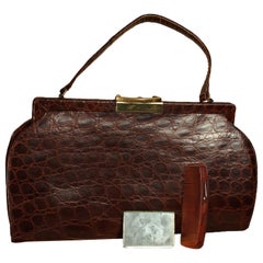 Large Brown Matte Alligator Top Handle Handbag with Comb and Mirror, 1950s