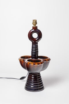 Large Brown Mid-Century Ceramic Table Lamp by Louis Giraud Vallauris 1950