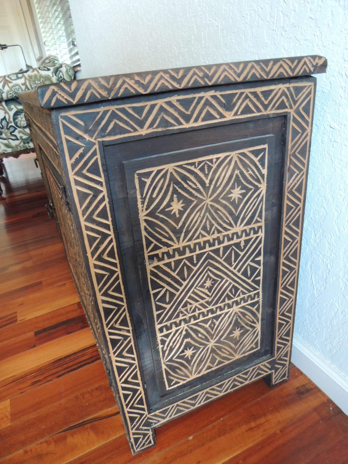 Large Brown Moroccan Hand-Carved Tribal Pattern Wood Long Credenza or Sideboard 1