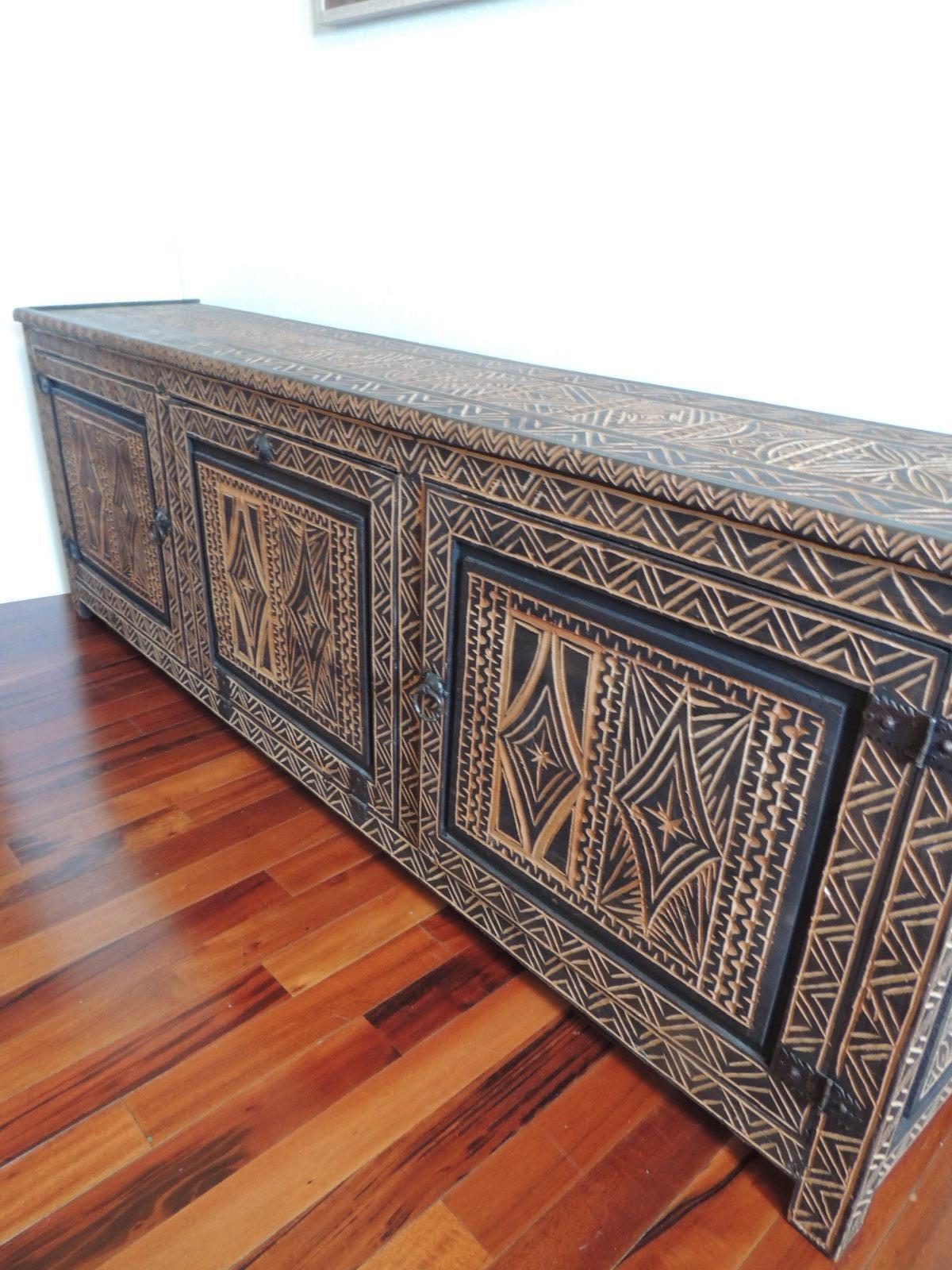 Hand-Crafted Large Brown Moroccan Hand-Carved Tribal Pattern Wood Long Credenza or Sideboard