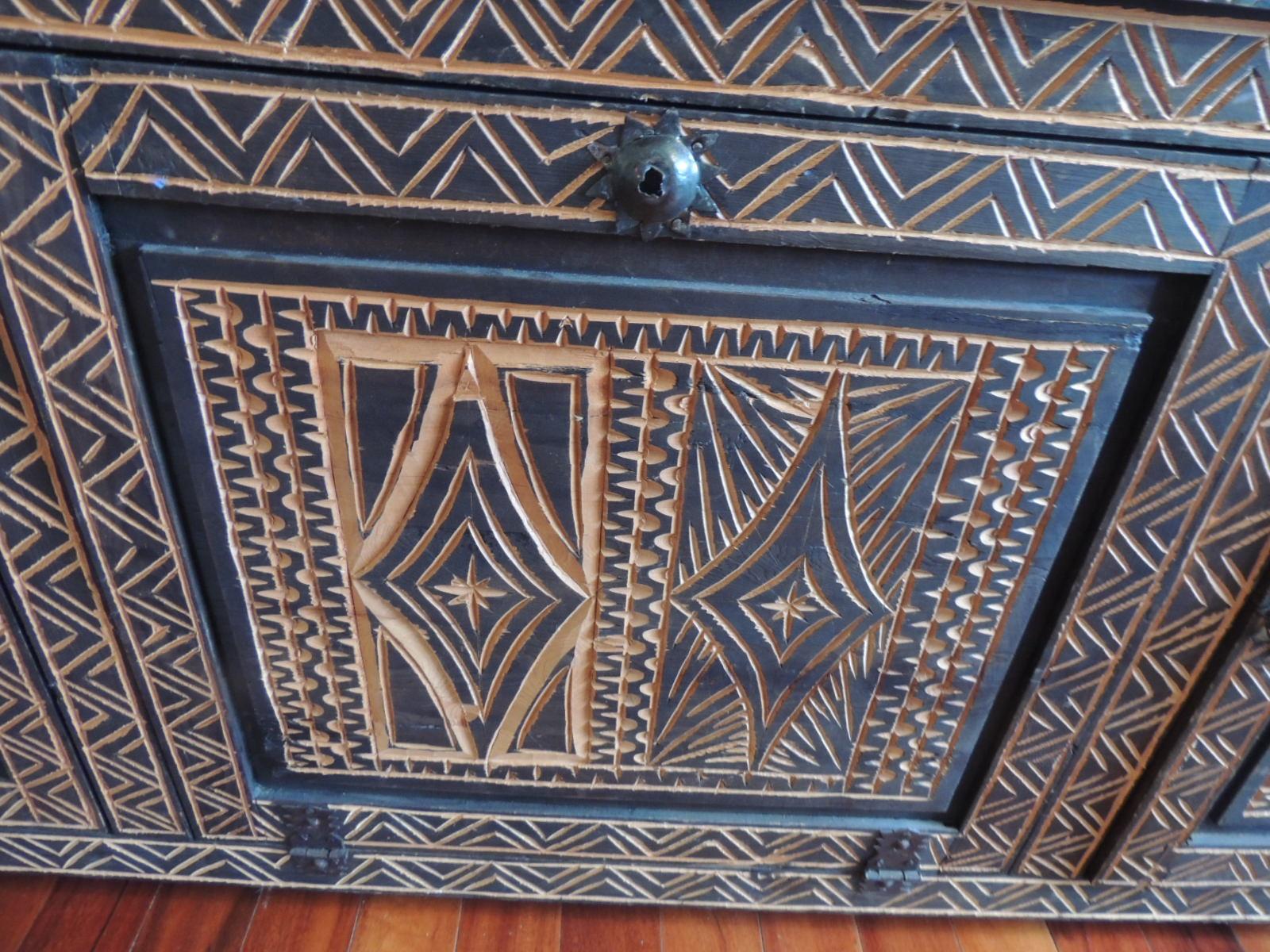 Large Brown Moroccan Hand-Carved Tribal Pattern Wood Long Credenza or Sideboard In Good Condition In Oakland Park, FL