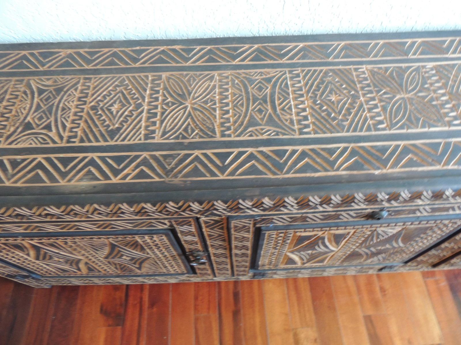 Late 20th Century Large Brown Moroccan Hand-Carved Tribal Pattern Wood Long Credenza or Sideboard