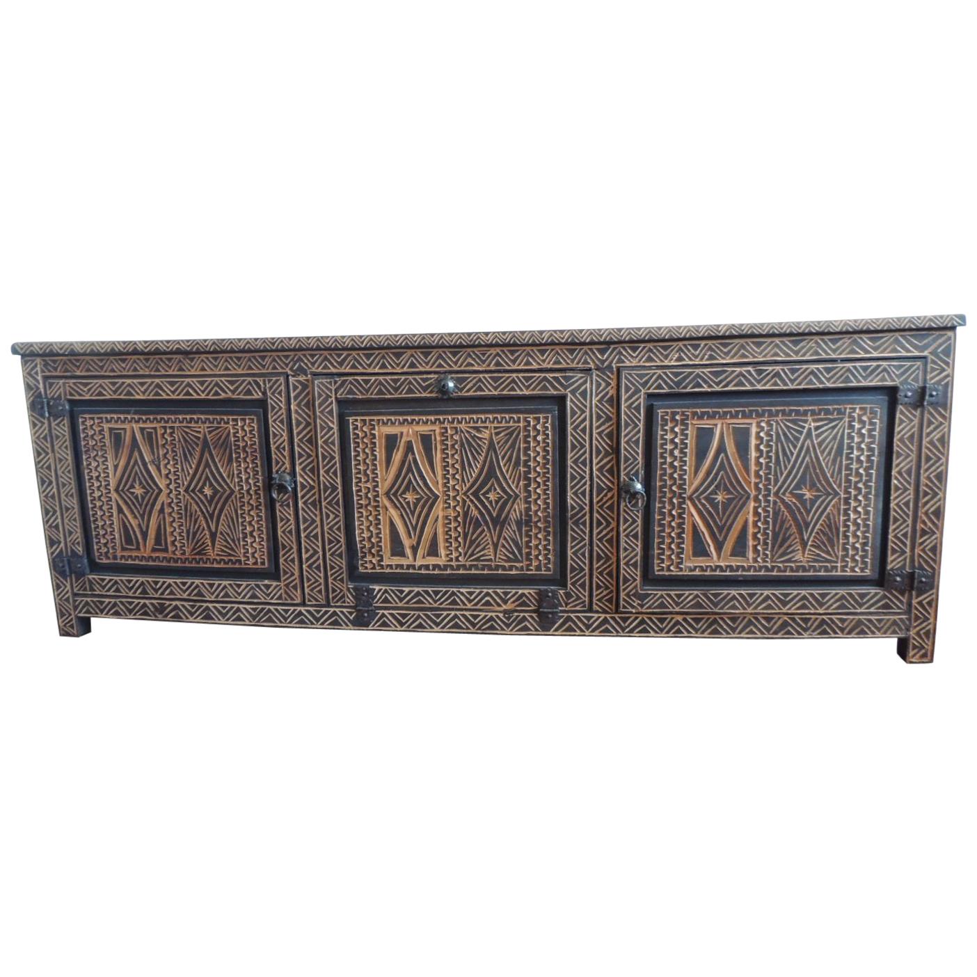 Large Brown Moroccan Hand-Carved Tribal Pattern Wood Long Credenza or Sideboard