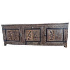 Large Brown Moroccan Hand-Carved Tribal Pattern Wood Long Credenza or Sideboard
