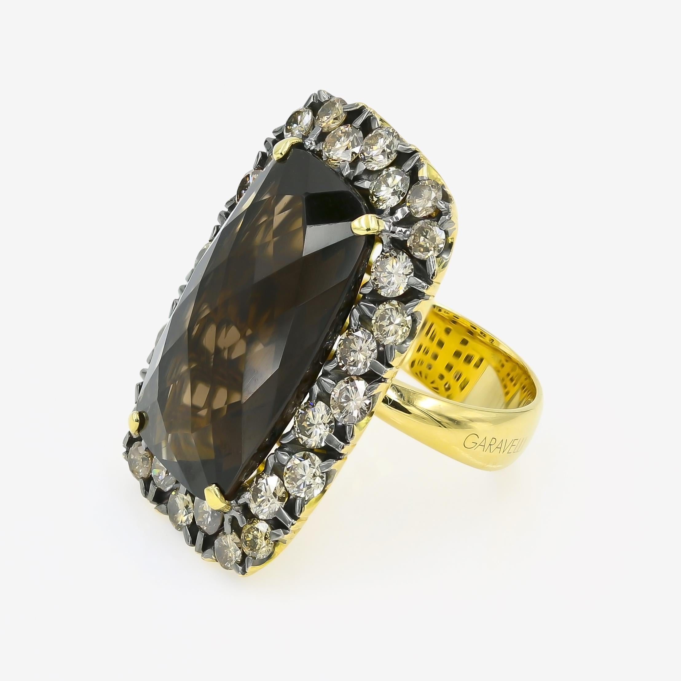 Contemporary Large Brown Smoky Quartz 16.00cts Ring with Brown Diamonds in 18KYG - Italian For Sale