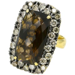 Large Brown Smoky Quartz 16.00cts Ring with Brown Diamonds in 18KYG - Italian