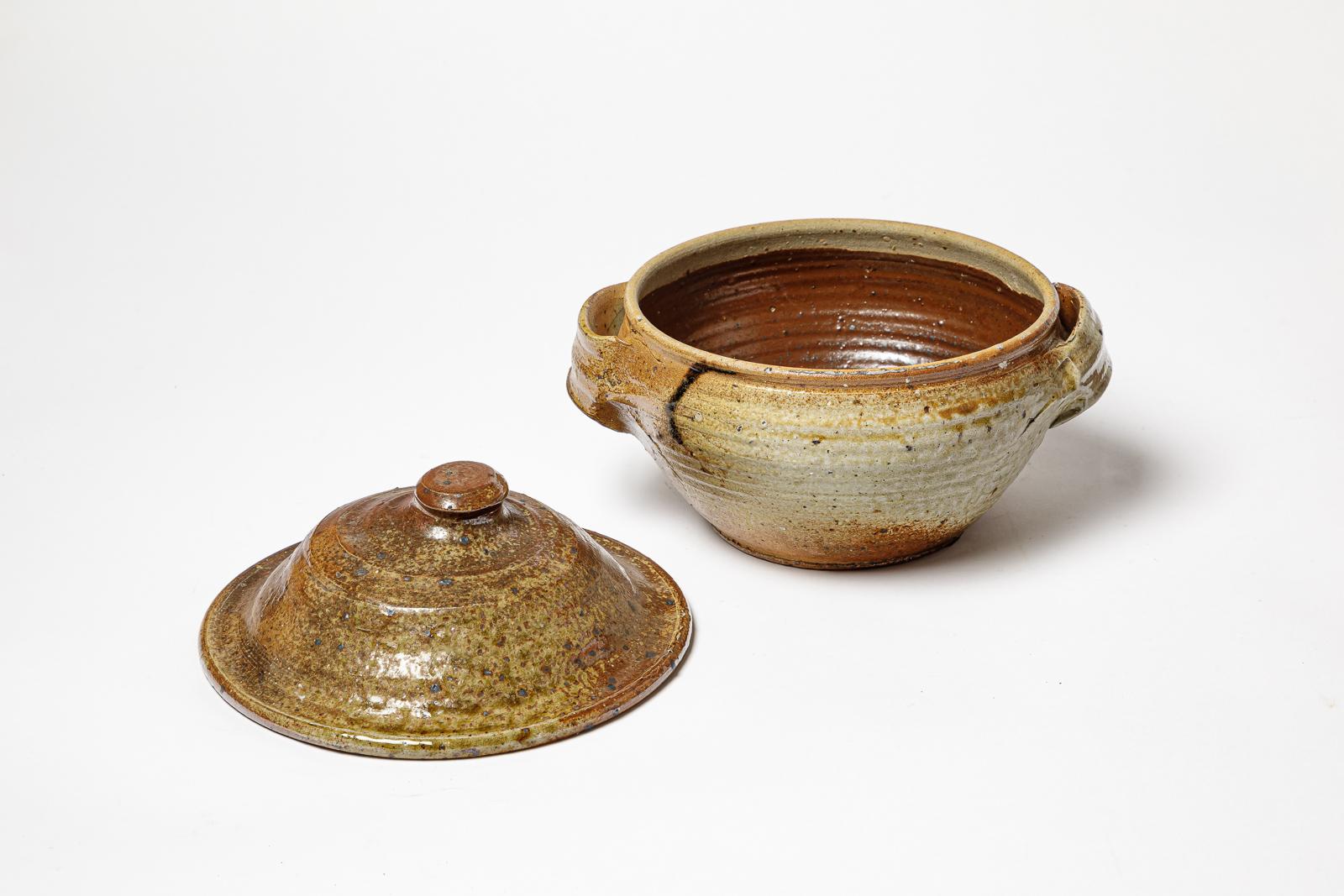 Mid-Century moderno Grande scatola o vaso in ceramica marrone in gres cotto di Anne Kjaersgaard La Borne in vendita