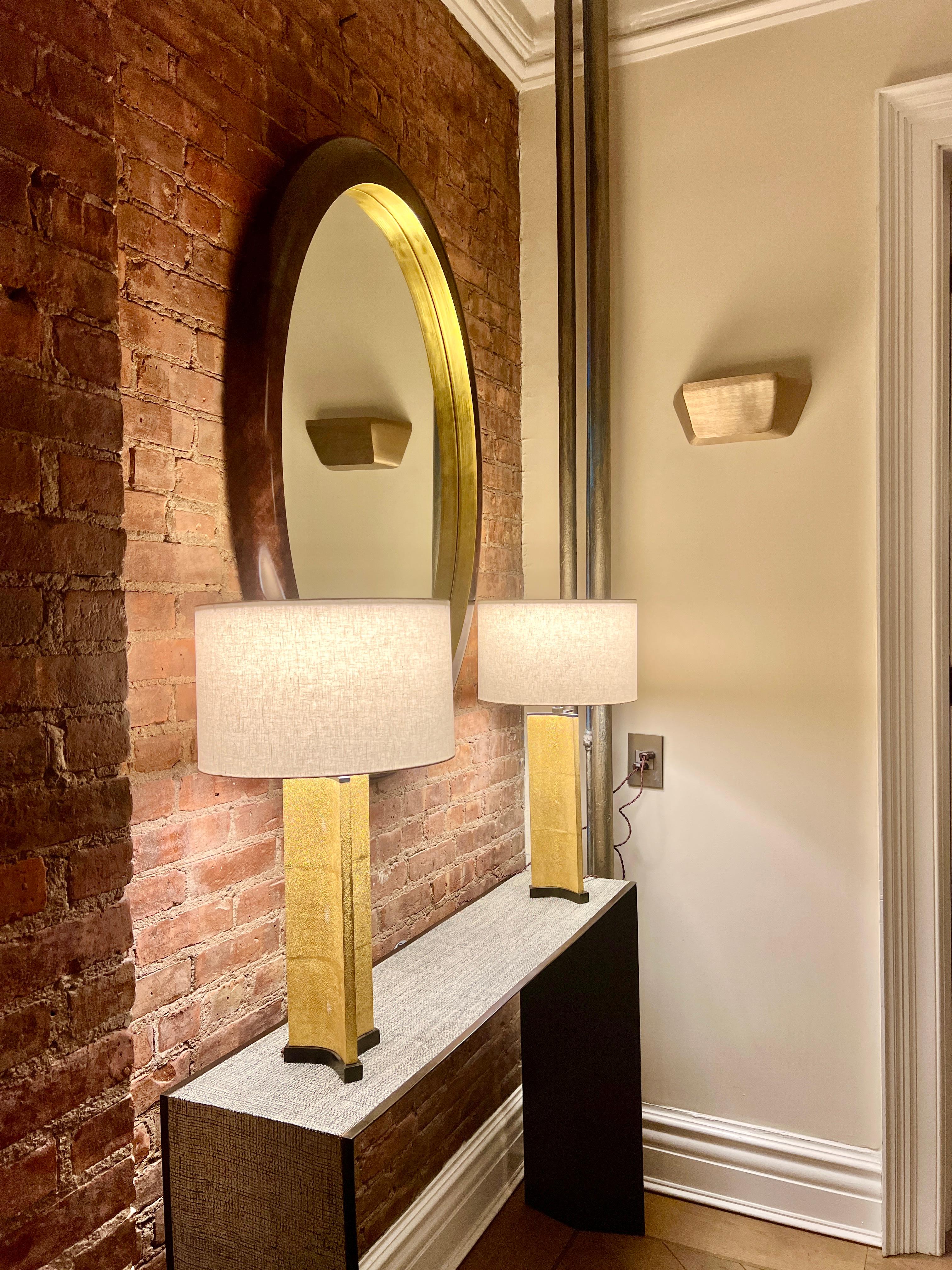 Available now and ready to ship! On display at the Manhattan showroom of Elan Atelier.

Large, sculptural, Bruno lamp covered in real shagreen with a sheer gold leaf overlay. White shade with diffuser.

Large size:
diameter 13.8 x height 25.4