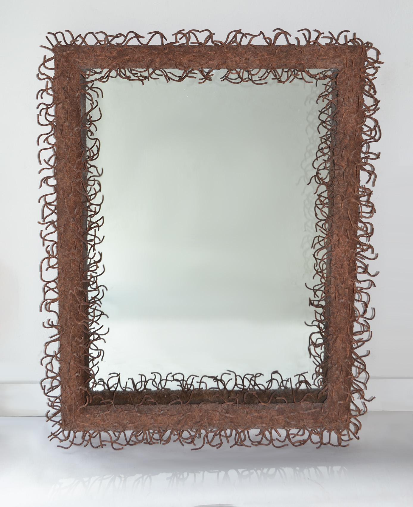 Large Brutalist Iron Mirror 'Eyelash' Avant Garde 1980s, USA
Fantastic, heavy modern 1980's Miami studio mirror crafted of rusted/aged fused with protuberances or  