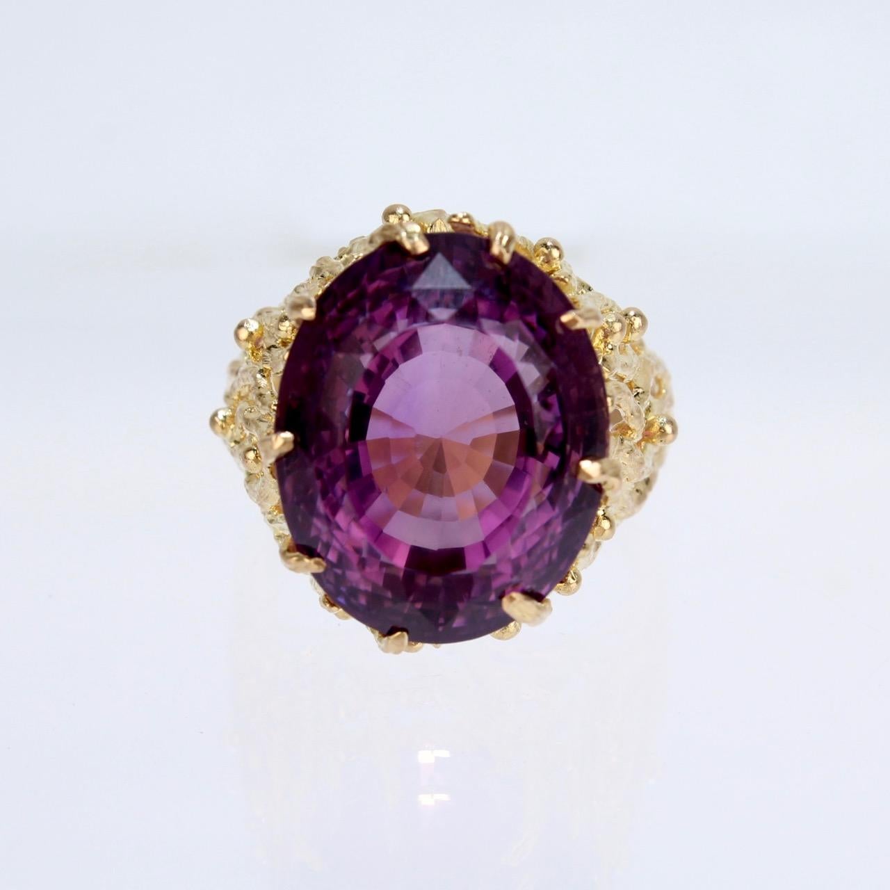 Women's or Men's Large Brutalist 14 Karat Gold and Oval Cut Amethyst Ring