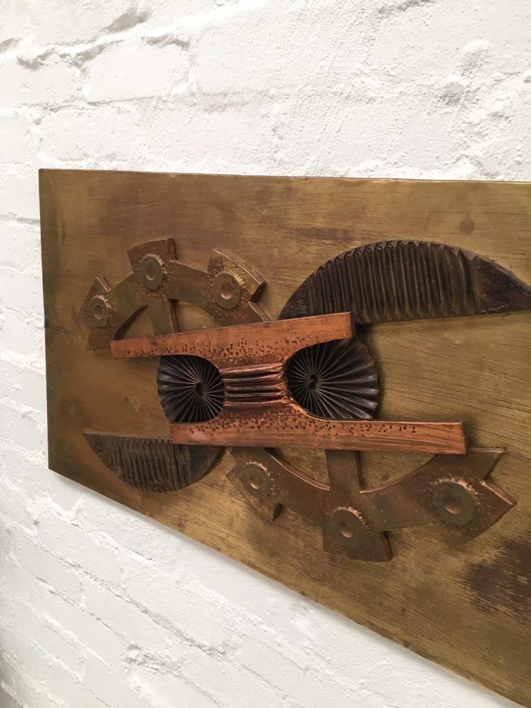 Plywood Large Brutalist Abstract Wall Sculpture Brass and Copper Stephen Chun, 1970s