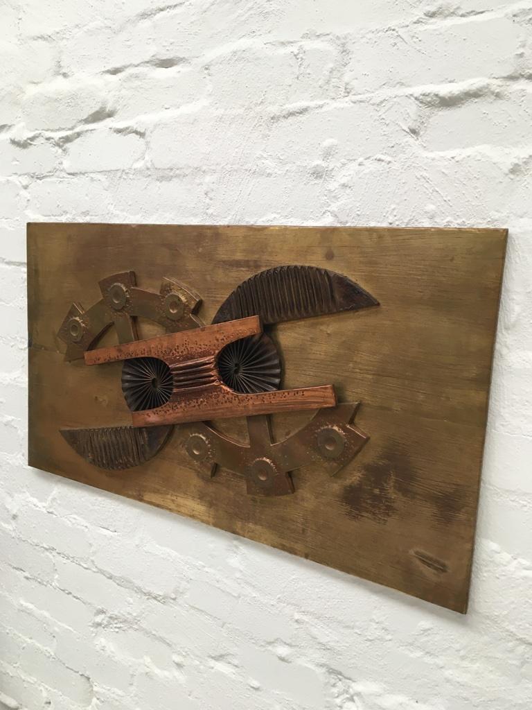 Large Brutalist Abstract Wall Sculpture Brass and Copper Stephen Chun, 1970s 1