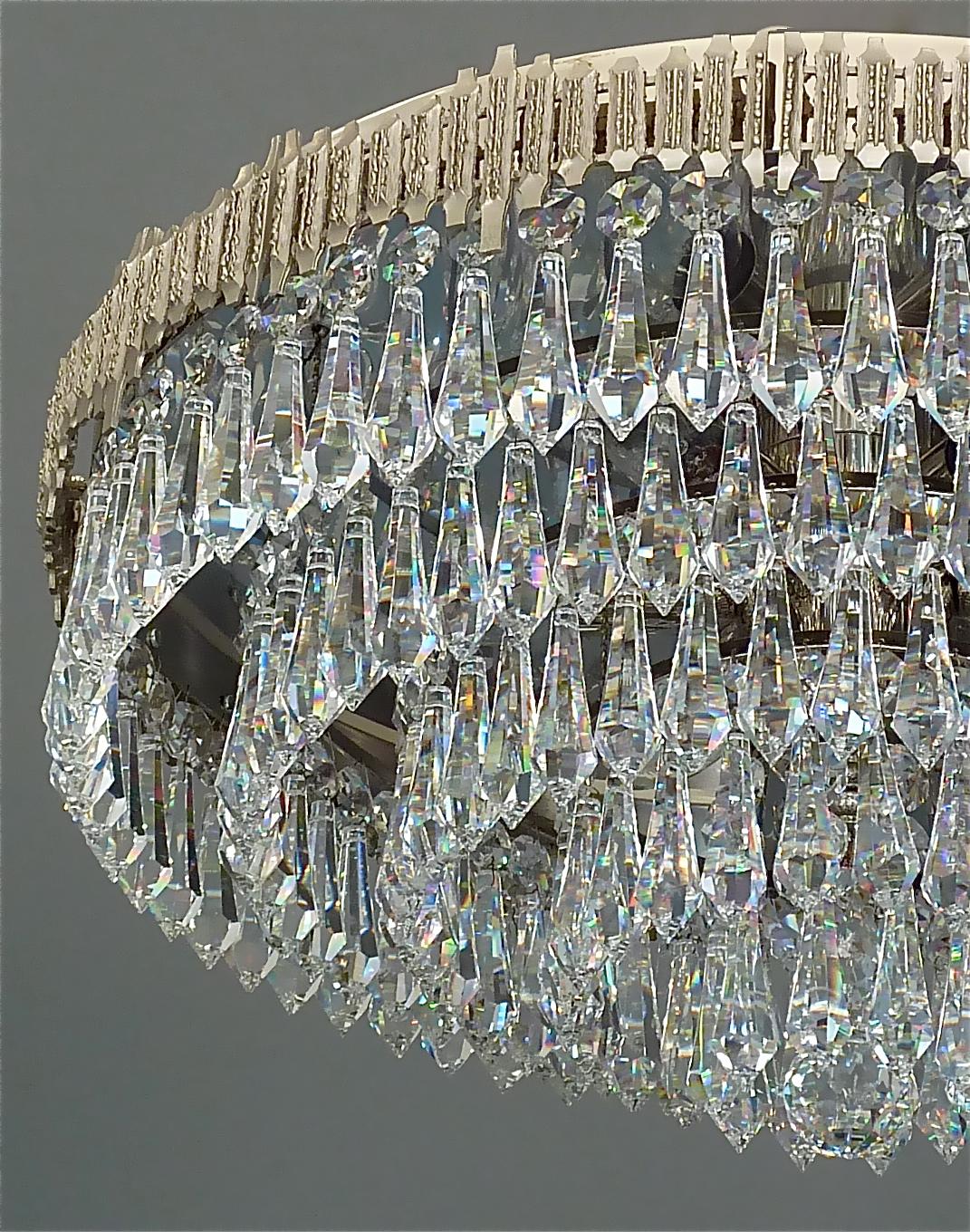 Austrian Large Brutalist Bakalowits Flush Mount Chandelier Crystal Glass Chrome Metal