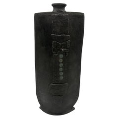 Large Brutalist Black Ceramic Vase Signed Studio Piece, 1970s