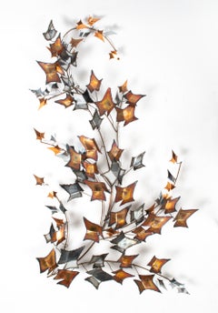 Large Brutalist Brass & Chrome Ivy Leaves Wall Sculpture Attr. to Curtis Jeré