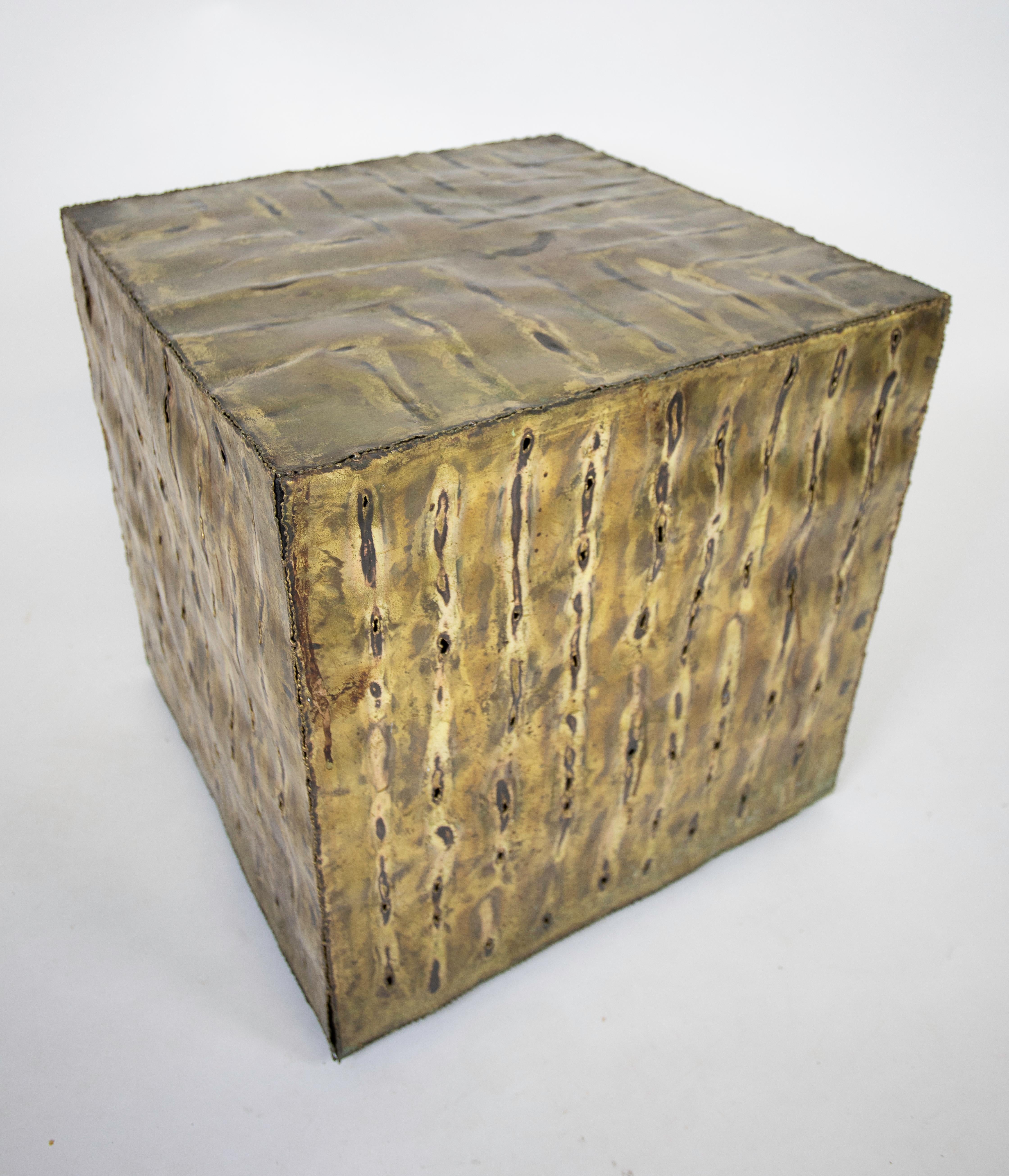 Large Brutalist Brass Cube Table 1