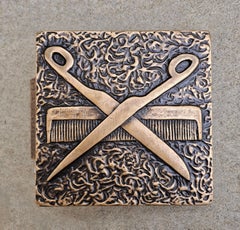 Large Brutalist Bronze Door Handle with Scissors and Comb, West Germany 1960s