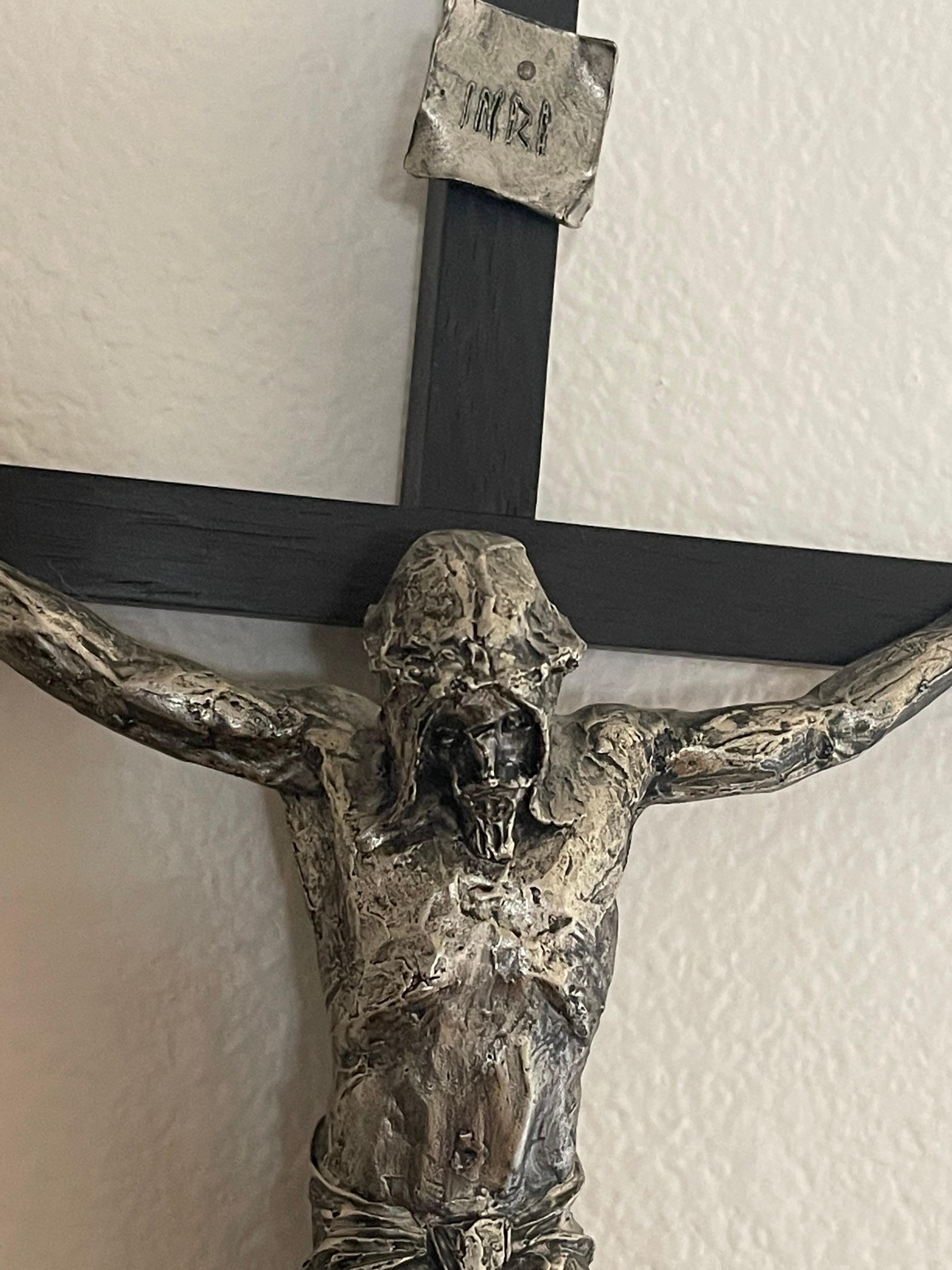 Italian Large Brutalist Cast Iron & Wood Crucifix / Cross For Sale