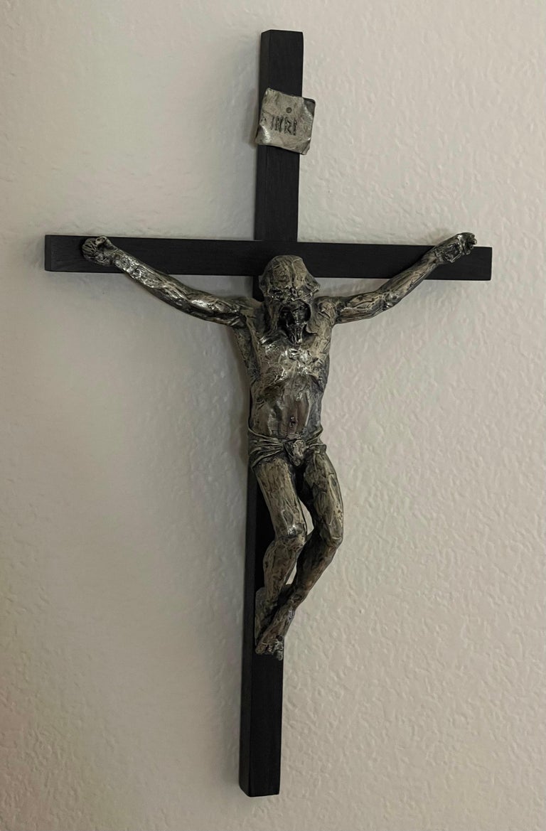Large Brutalist Cast Iron & Wood Crucifix / Cross In Good Condition For Sale In San Diego, CA