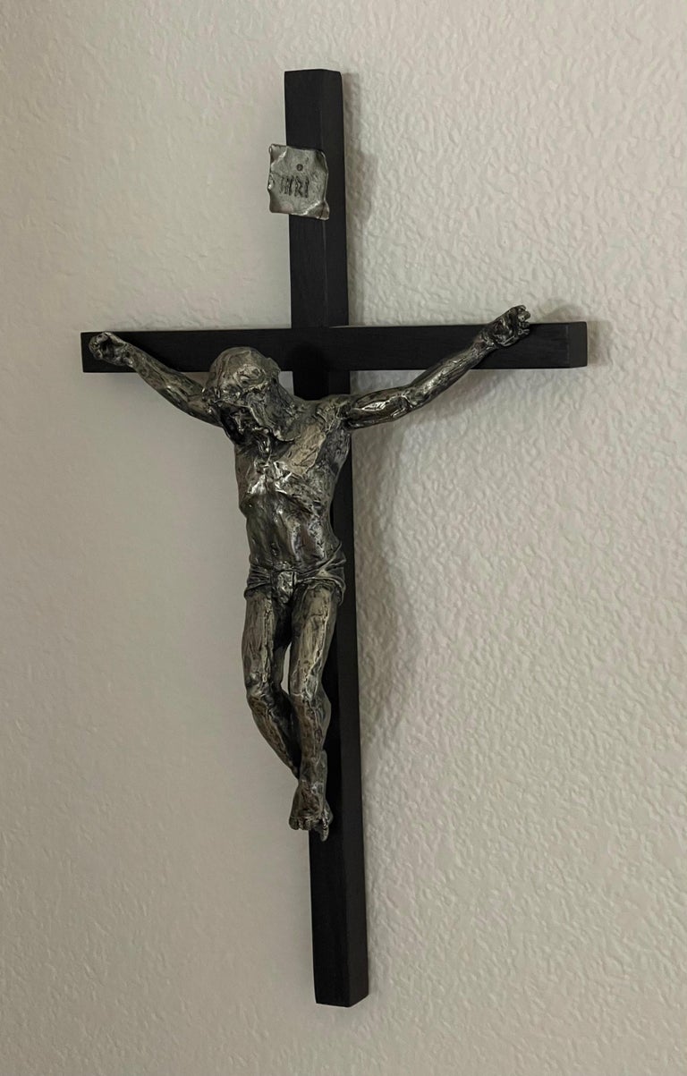 20th Century Large Brutalist Cast Iron & Wood Crucifix / Cross For Sale
