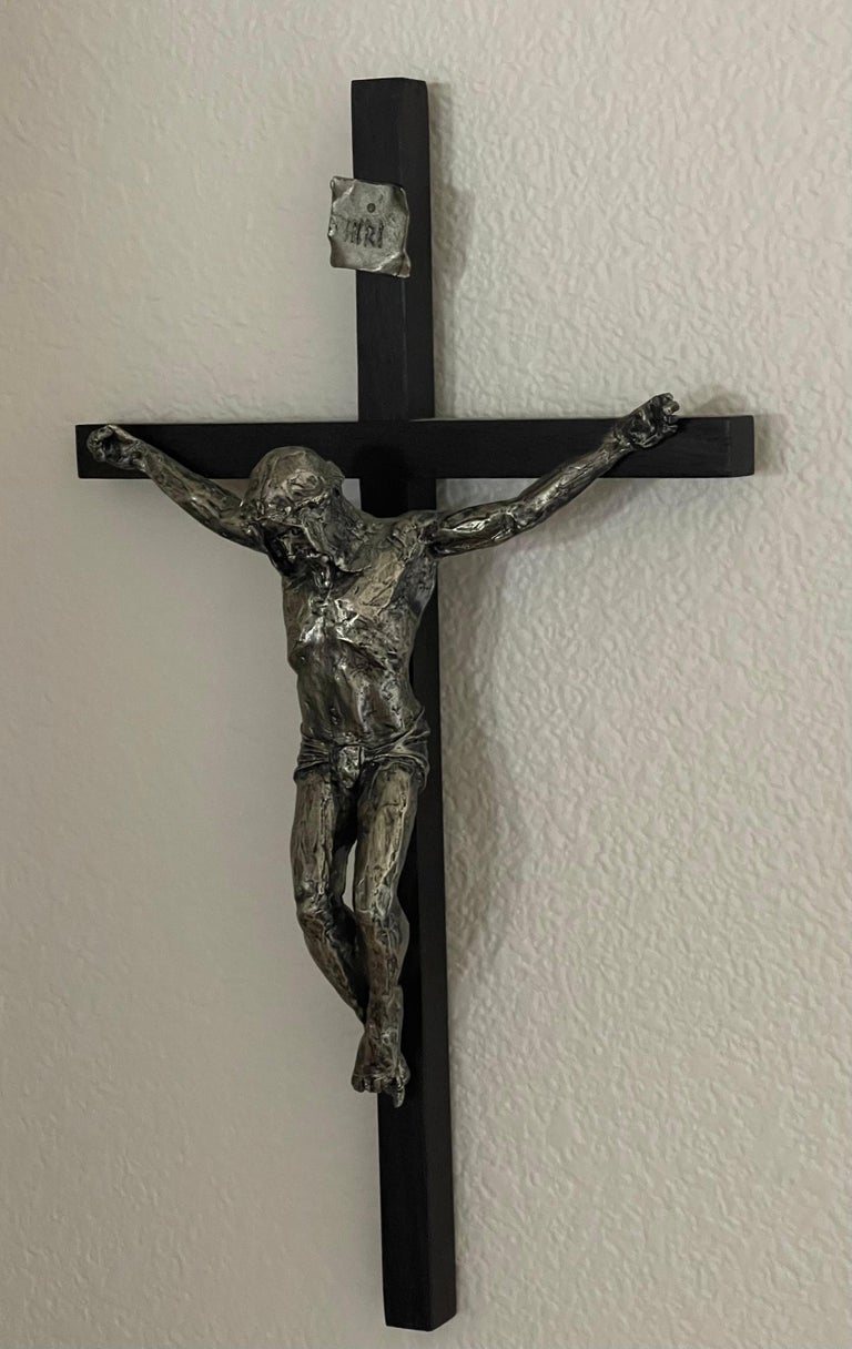 Large Brutalist Cast Iron & Wood Crucifix / Cross For Sale 1