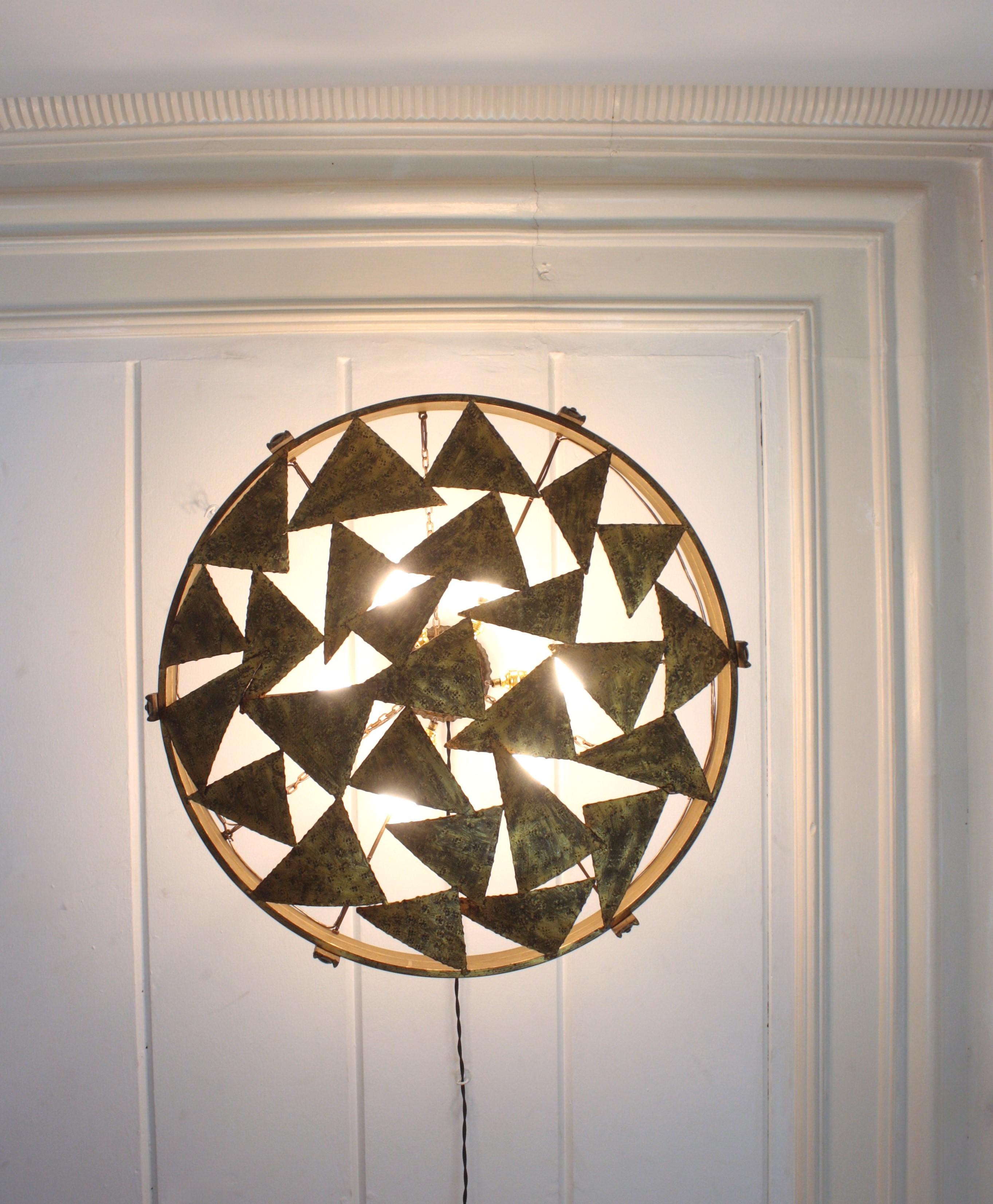 Large Brutalist Chandelier in Gilt Wrought Iron, Triangles Design, Spain, 1950s For Sale 11