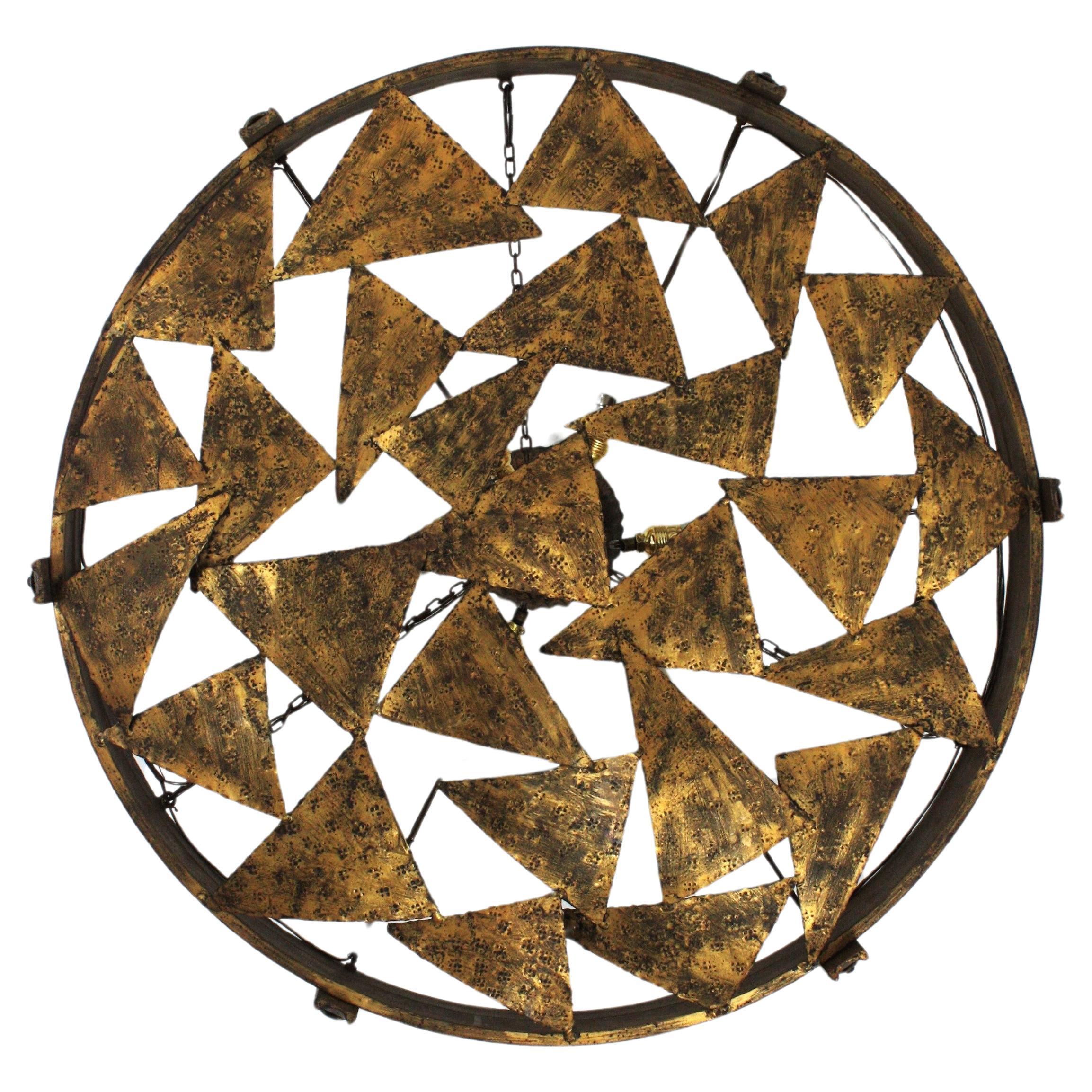 Mid-Century Modern Large Brutalist Chandelier in Gilt Wrought Iron, Triangles Design, Spain, 1950s For Sale