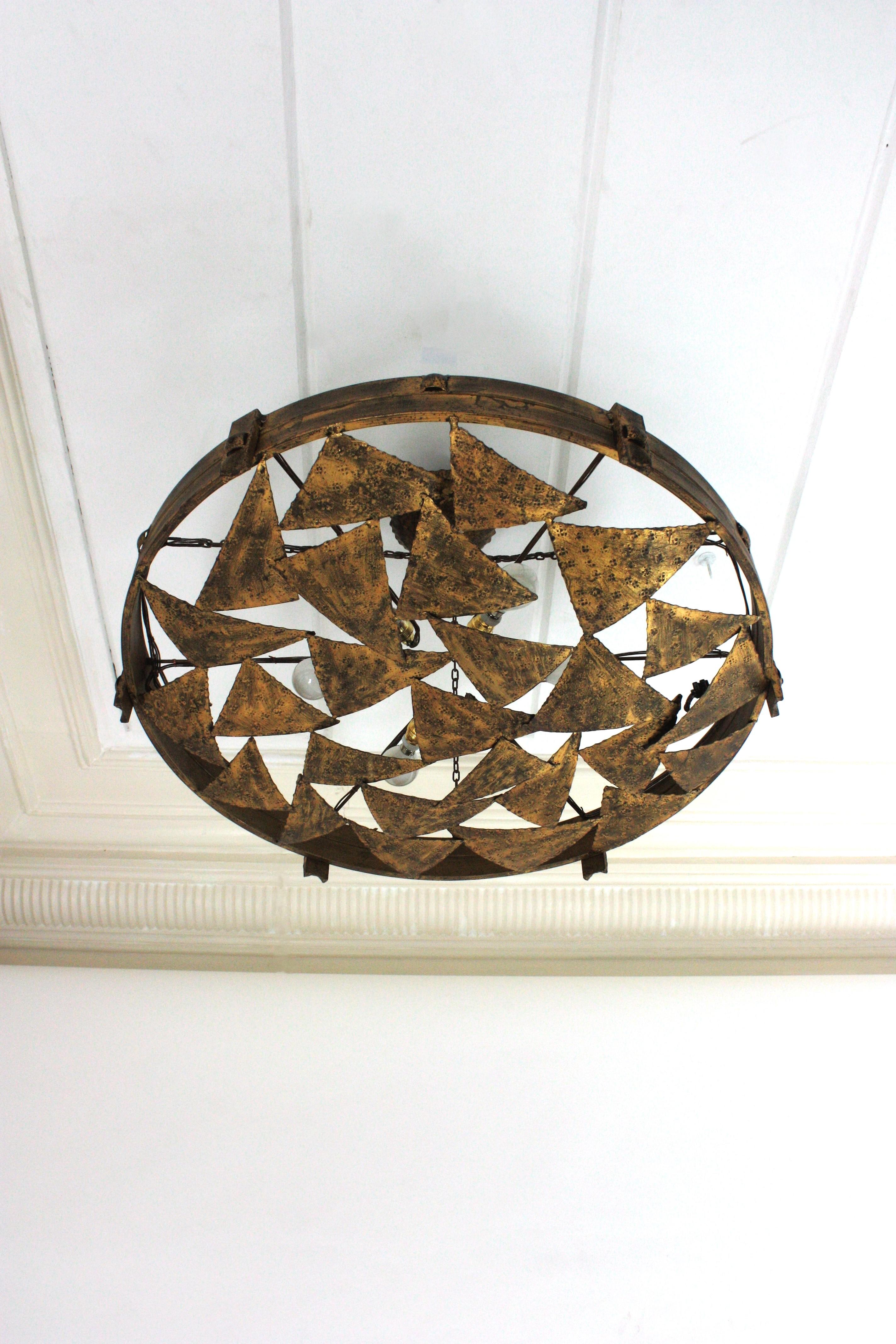 Forged Large Brutalist Chandelier in Gilt Wrought Iron, Triangles Design, Spain, 1950s For Sale
