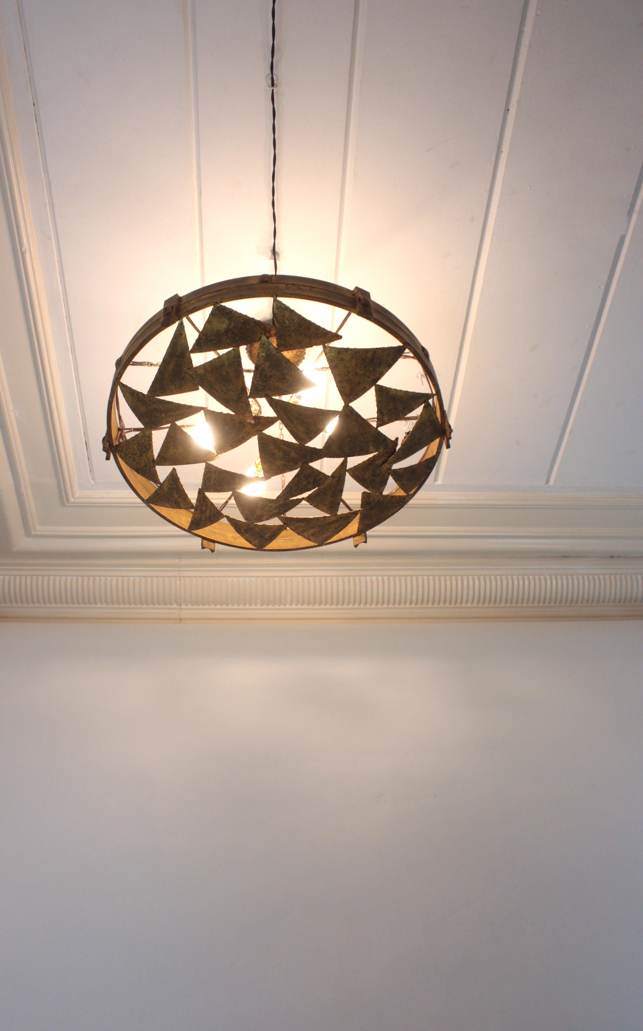 20th Century Large Brutalist Chandelier in Gilt Wrought Iron, Triangles Design, Spain, 1950s For Sale