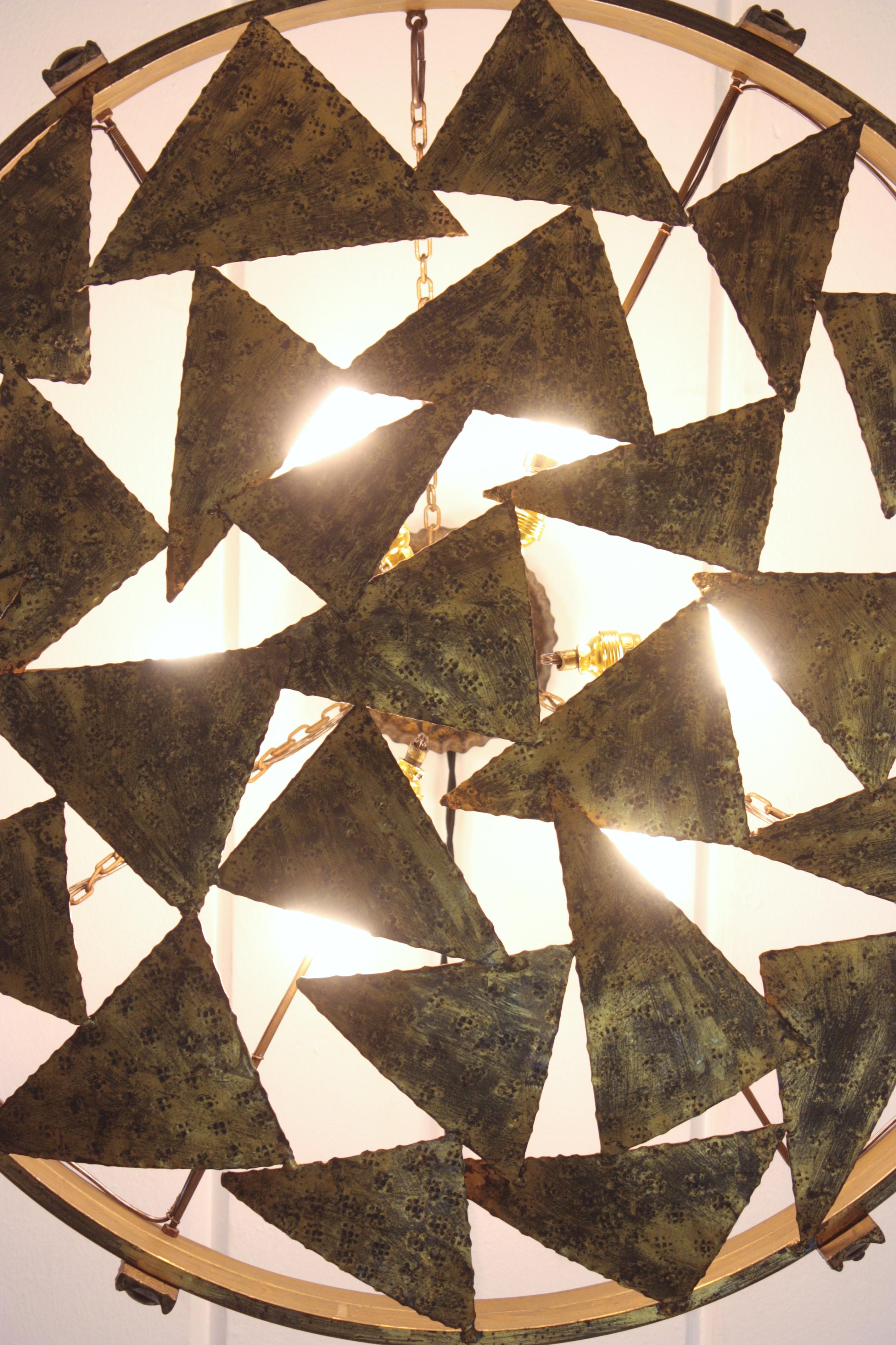 Large Brutalist Chandelier in Gilt Wrought Iron, Triangles Design, Spain, 1950s For Sale 2