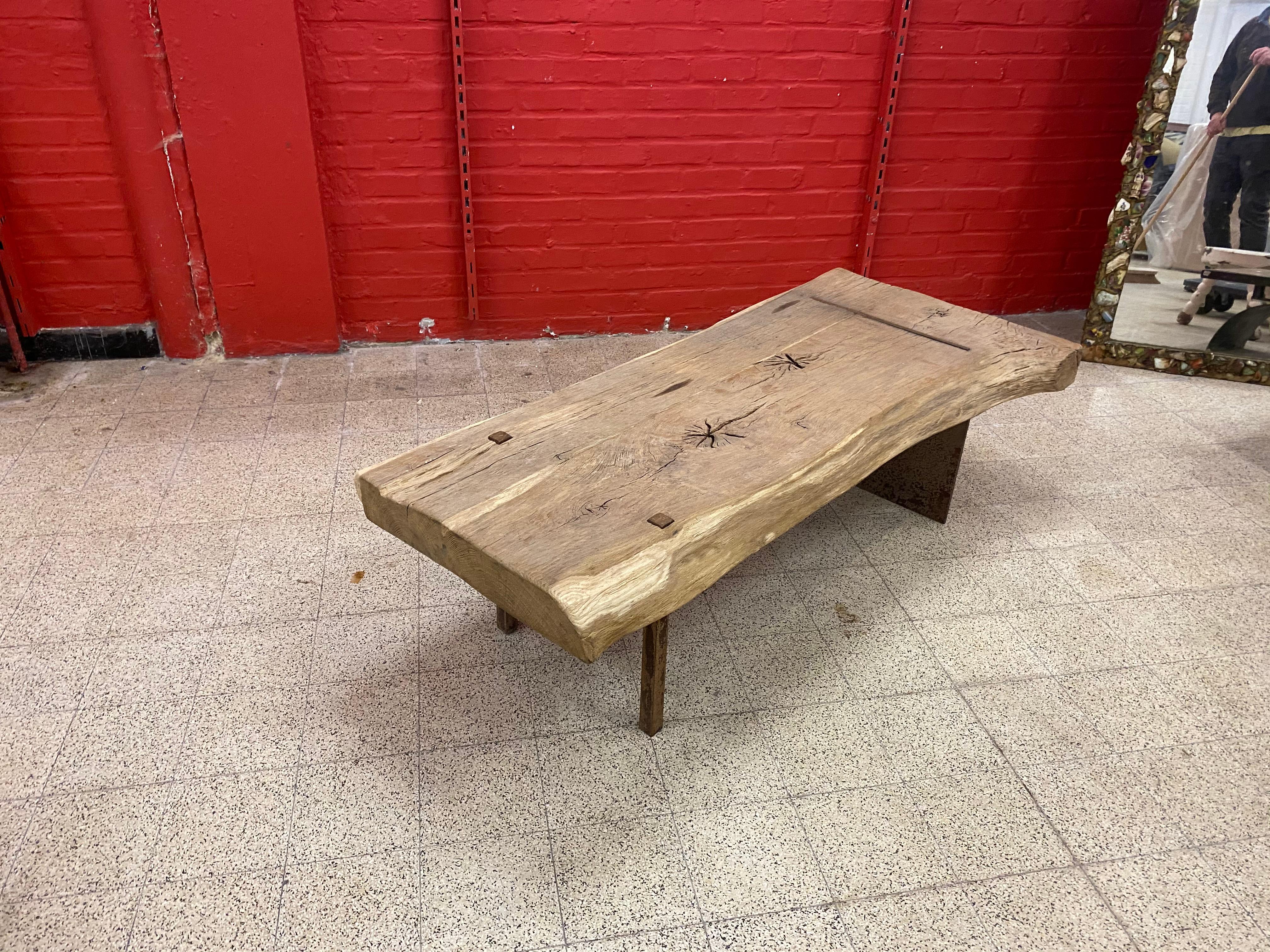 Large Brutalist Coffee Table in Solid Wood and Iron, circa 1960 For Sale 3