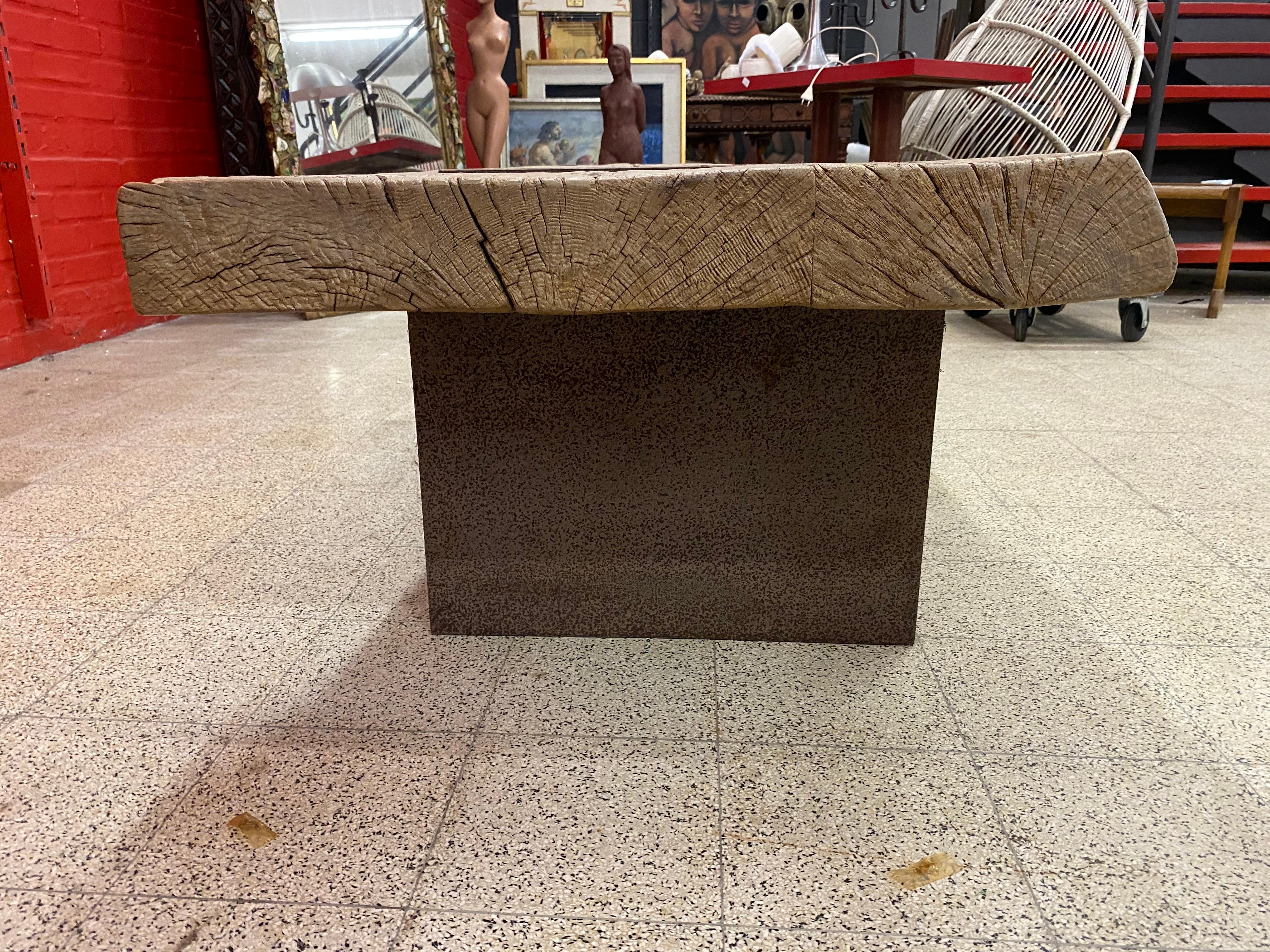 Large Brutalist Coffee Table in Solid Wood and Iron, circa 1960 For Sale 5
