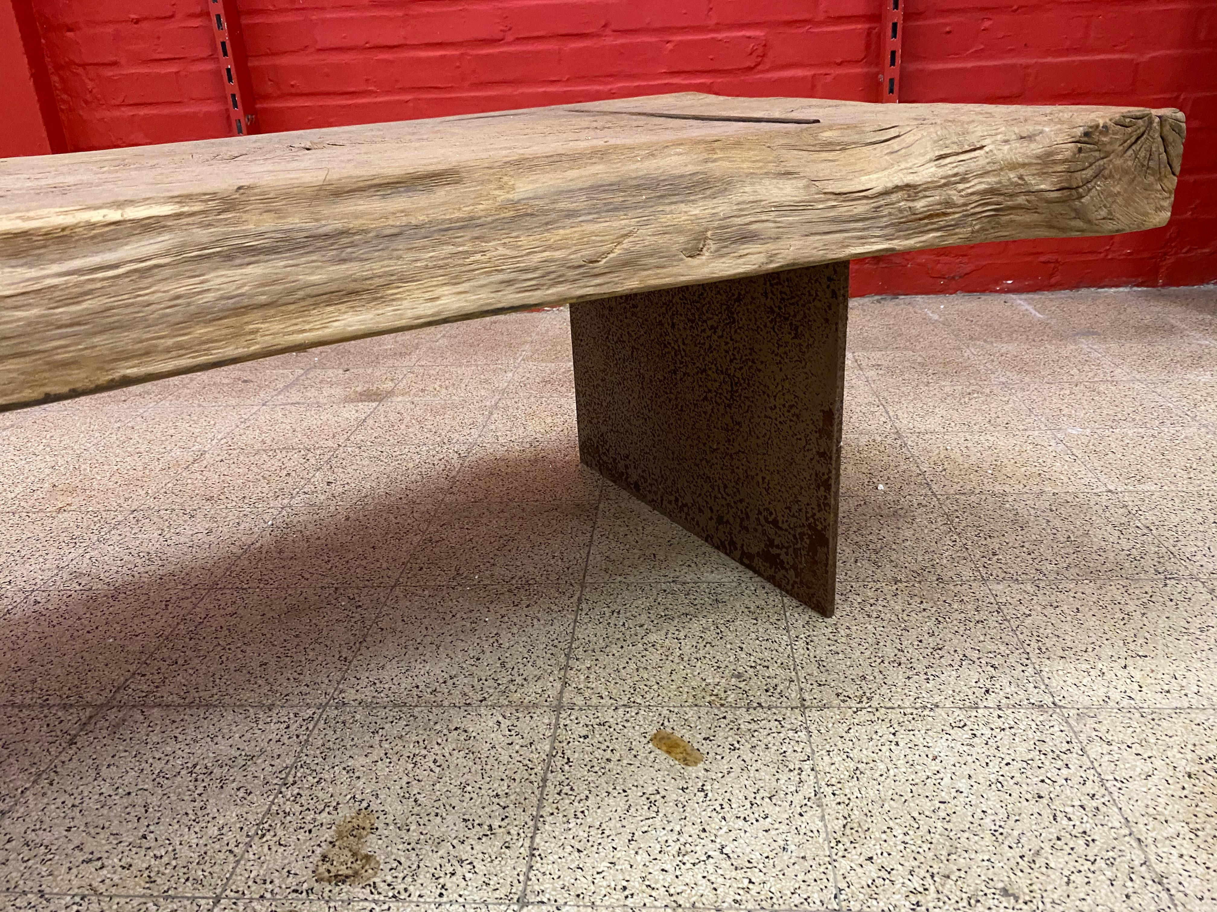 Large Brutalist Coffee Table in Solid Wood and Iron, circa 1960 For Sale 8