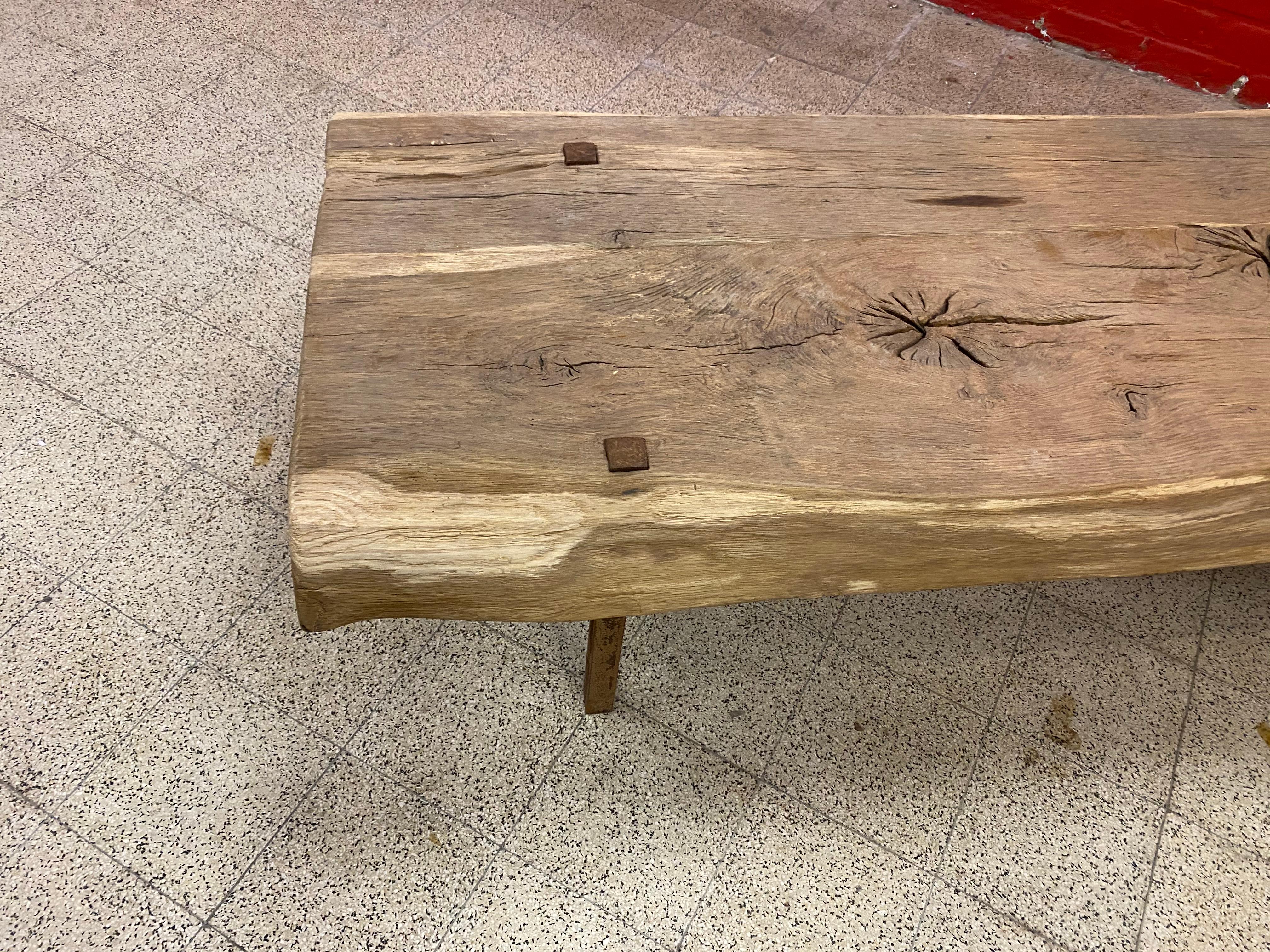 Large Brutalist Coffee Table in Solid Wood and Iron, circa 1960 For Sale 10