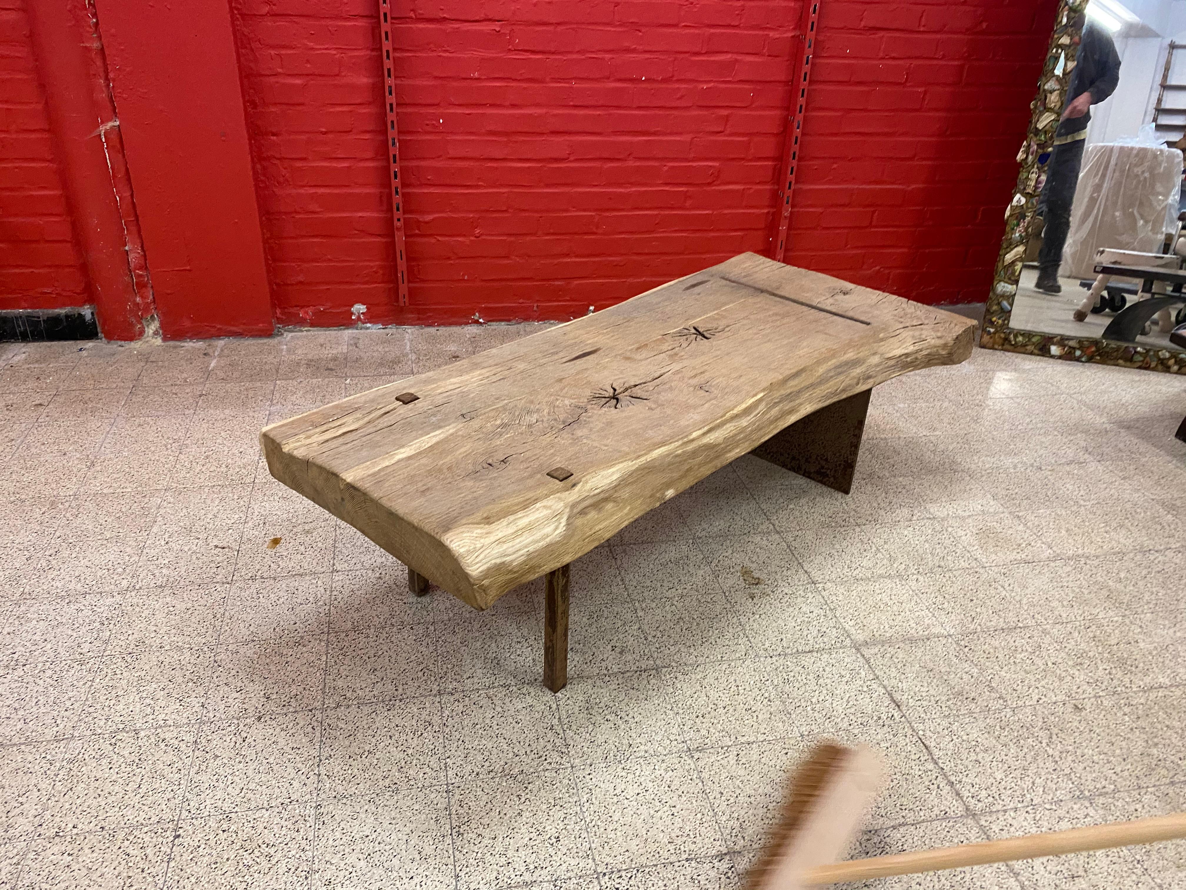 Large Brutalist Coffee Table in Solid Wood and Iron, circa 1960 For Sale 11